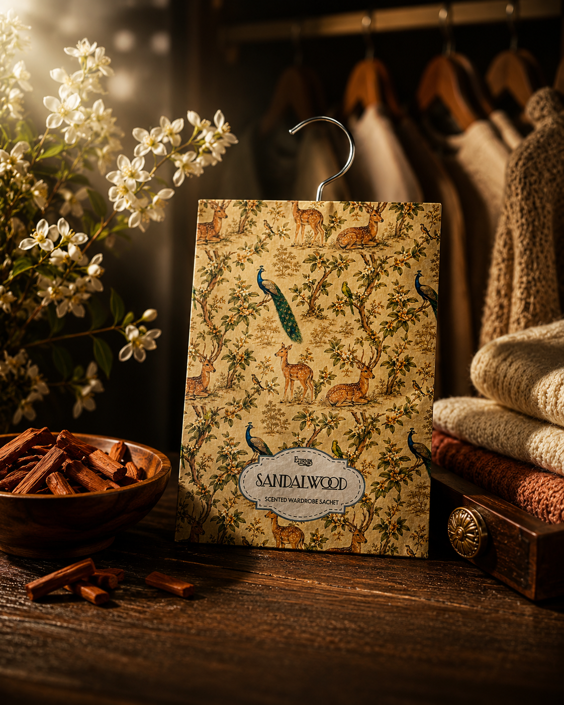 Sandalwood scented sachet bag with hanging hook, patterned with animals and flowers