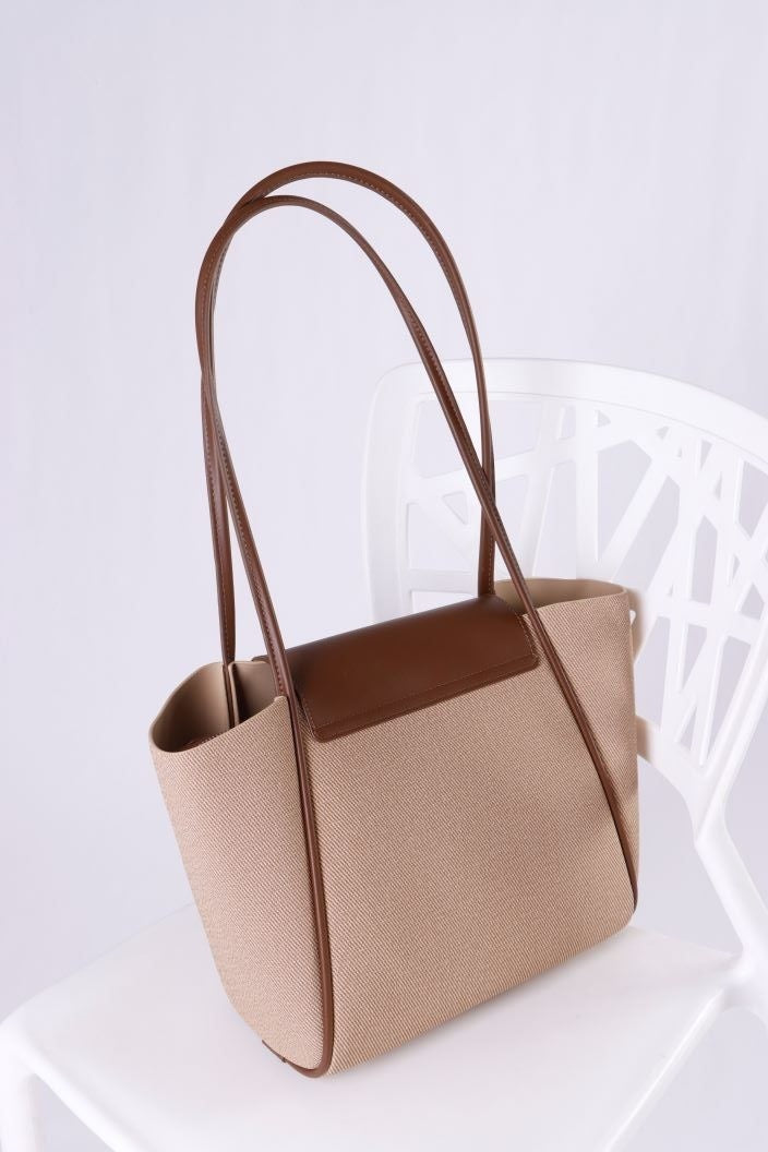 Eternia® Tweed Tote Shoulder Bag – Structured Vegan Leather Handbag (Beige & Brown)