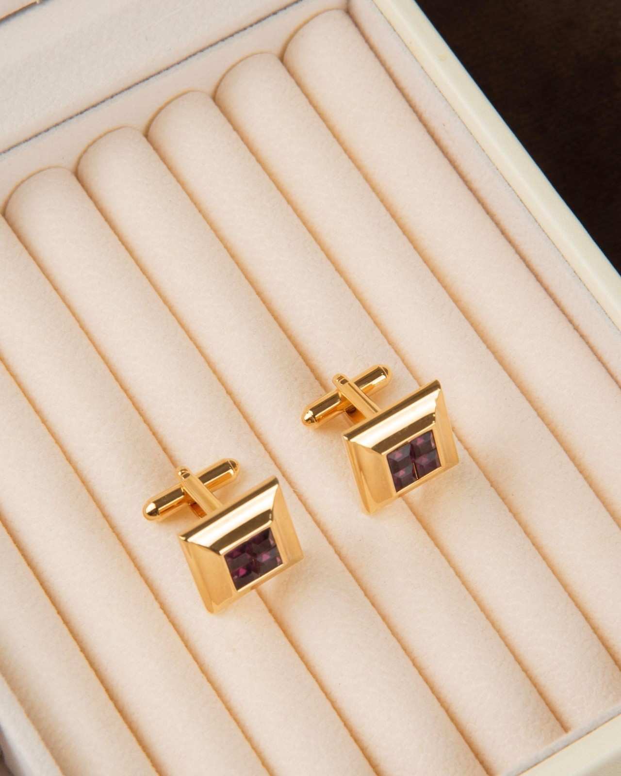 Premsons® Men’s Gold Tone Square Cufflinks with Crystal Mosaic Centre, Premium Formal Wear Accessories for Weddings & Parties – Purple