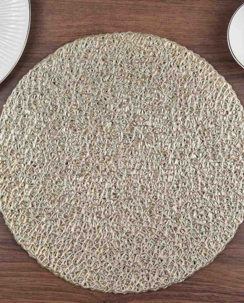 Premsons® Round Table Mat – Elegant Metallic Mesh Placemat | Washable, Wipeable, Non-Slip & Heat-Resistant | Dining Table Mat for Kitchen, Wedding & Party Décor – Gold