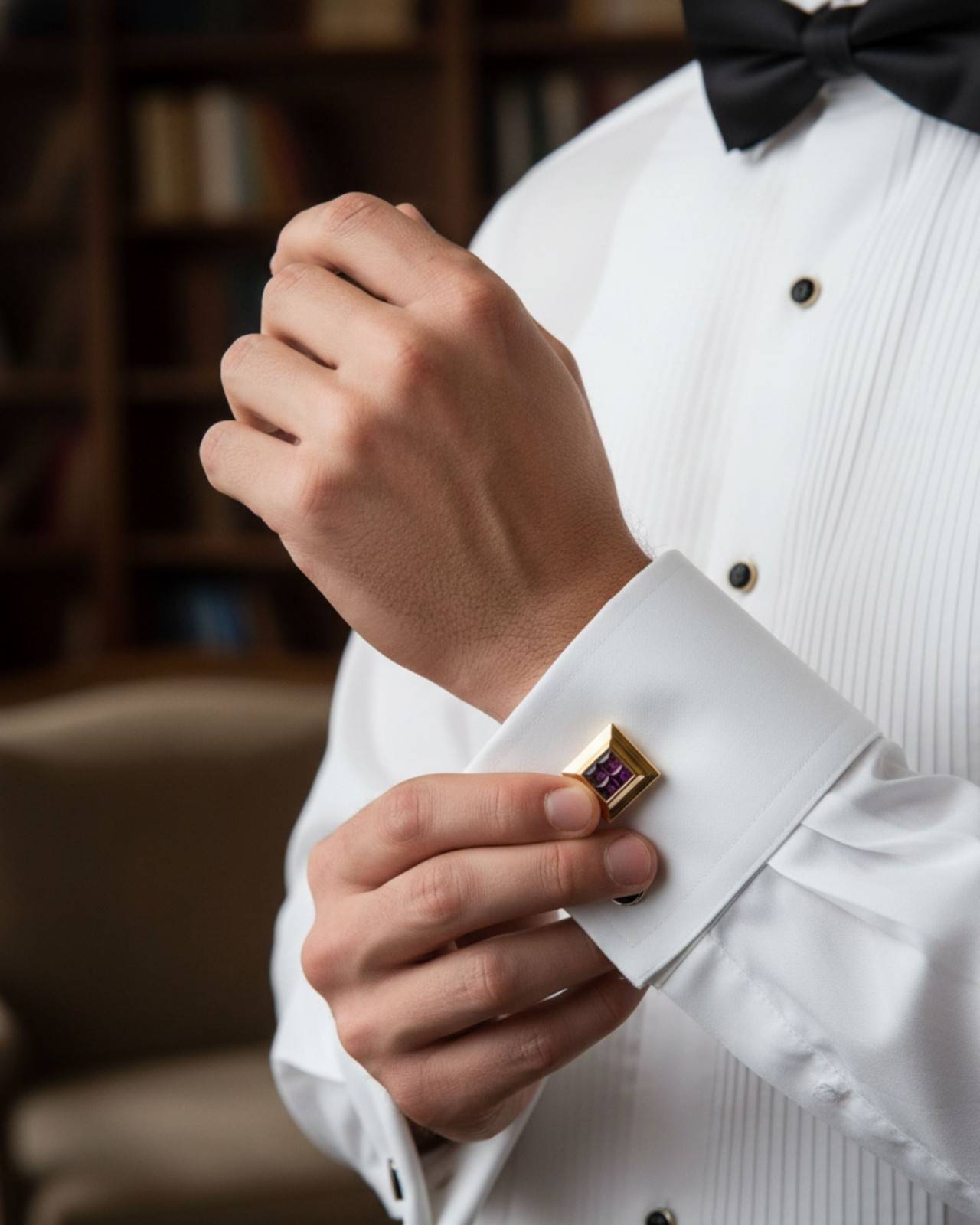 Premsons® Men’s Gold Tone Square Cufflinks with Crystal Mosaic Centre, Premium Formal Wear Accessories for Weddings & Parties – Purple