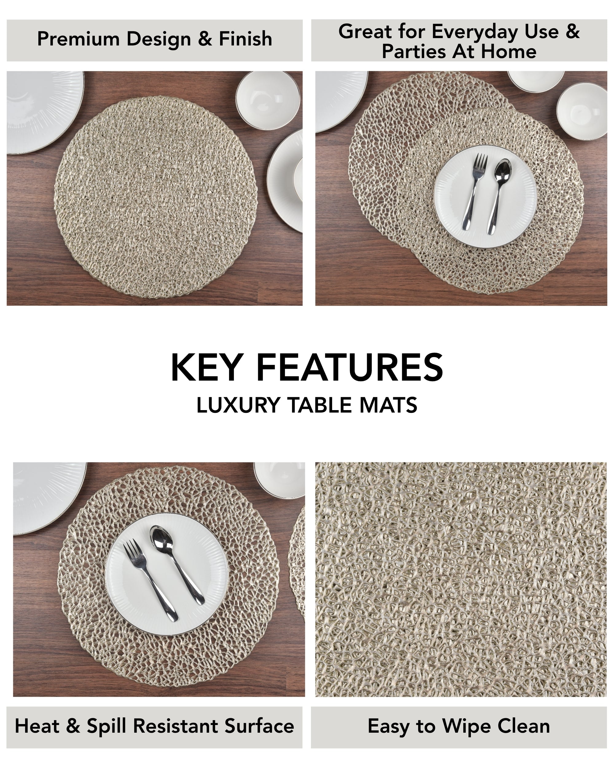 Premsons® Round Table Mat – Elegant Metallic Mesh Placemat | Washable, Wipeable, Non-Slip & Heat-Resistant | Dining Table Mat for Kitchen, Wedding & Party Décor – Gold