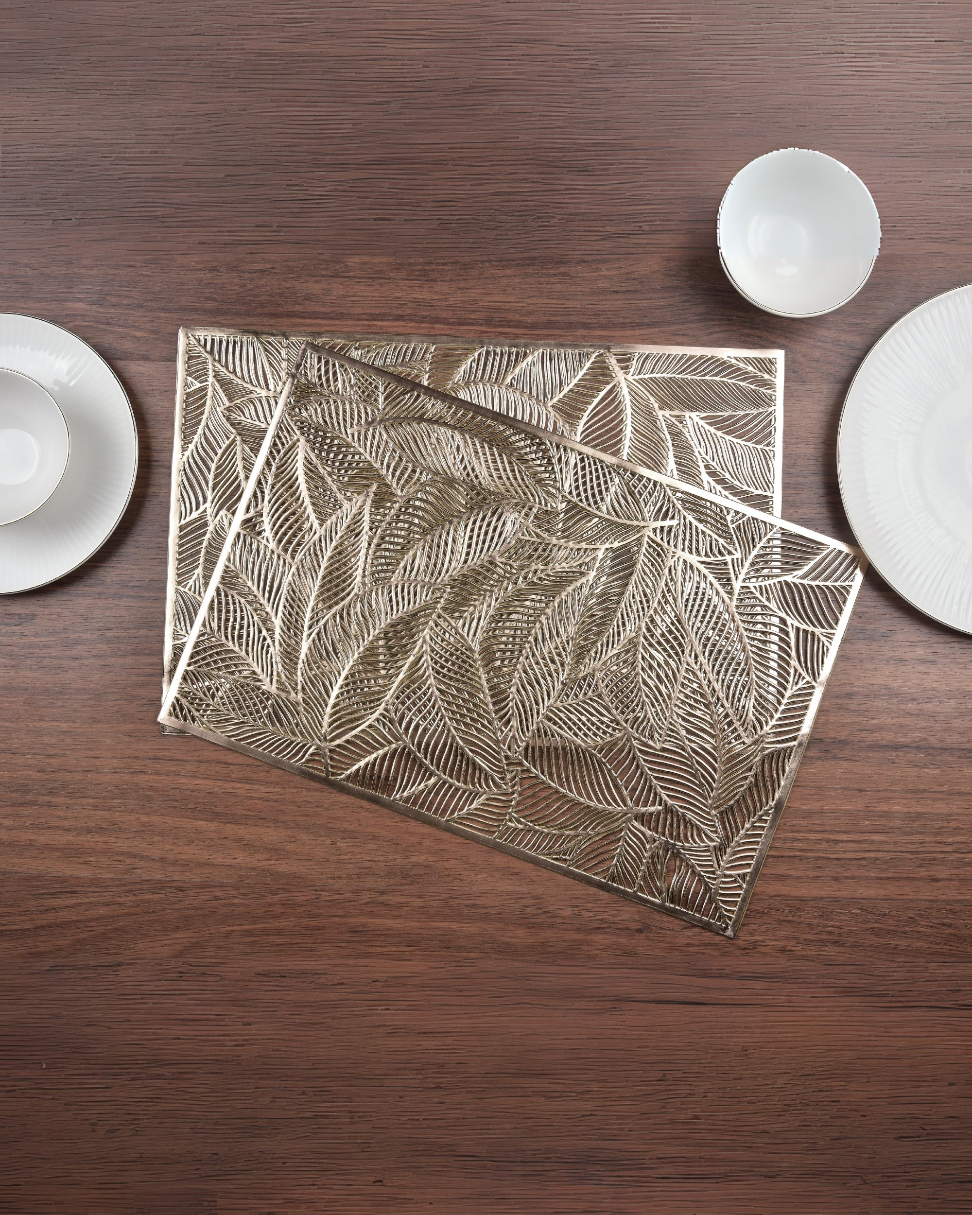 Premsons® Golden Leaf Design Rectangle Metallic Placemats – Washable, Wipeable, Non-Slip & Stain-Resistant Hollow Table Mats for Dining, Kitchen, Wedding & Party Decoration