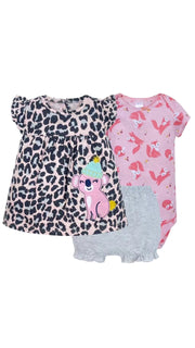 Premsons® Baby Girls' 3-Piece Summer Outfit Set – Pink Leopard Dress with Koala Appliqué, Fox-Print Bodysuit & Grey Ruffle Shorts | Soft Cotton Clothing
