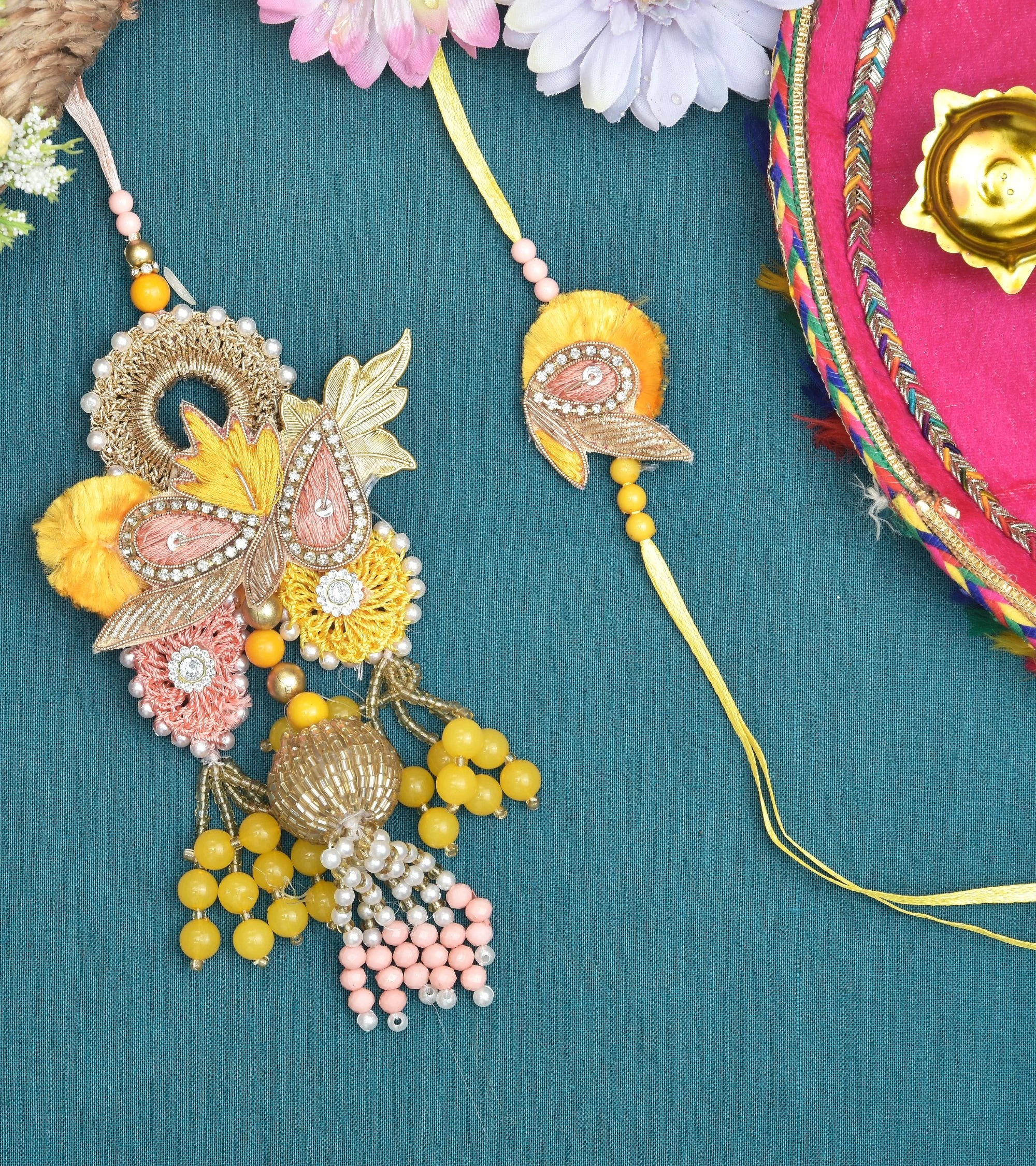 Premsons® Yellow & Pink Rakhi and Lumba Set for Bhaiya Bhabhi – Festive Thread Combo for Raksha Bandhan