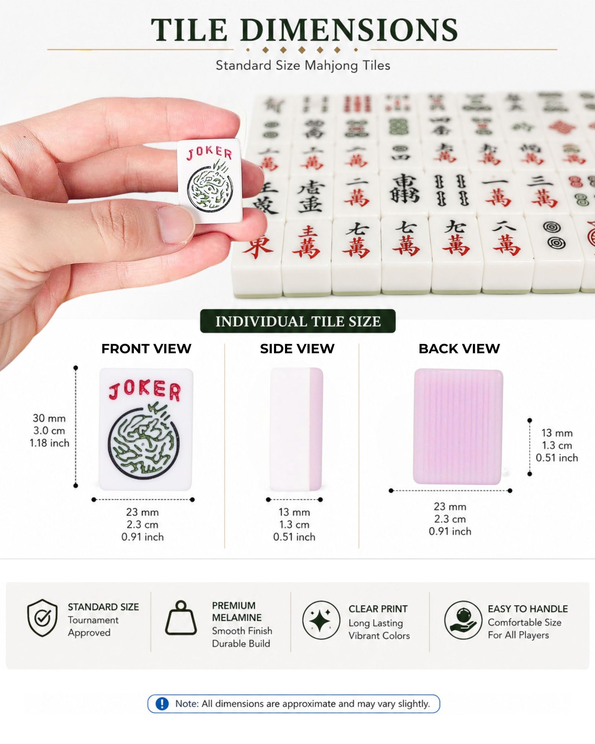 Pink melamine mahjong tile held in hand with red and green symbols, including Joker
