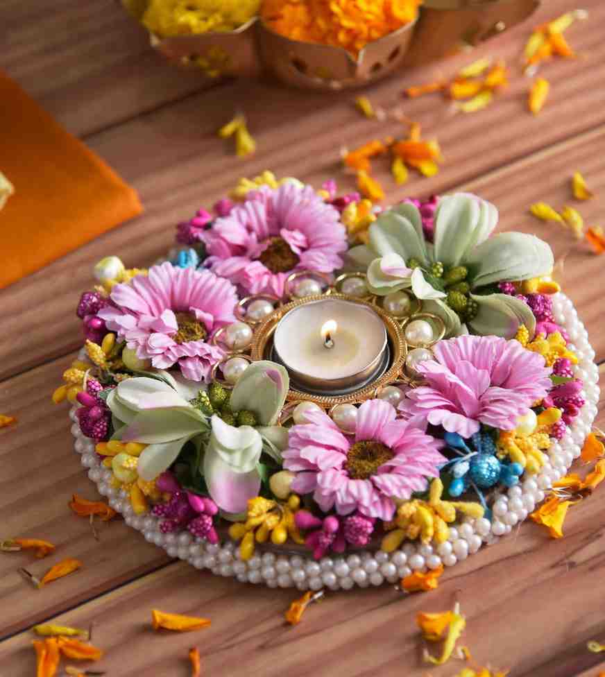 Premsons® Floral Pearl Ring Diya – Festive Bloom Tealight Holder