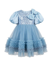 Light blue sequin tulle party dress with puff sleeves, bow detail, layered ruffle skirt
