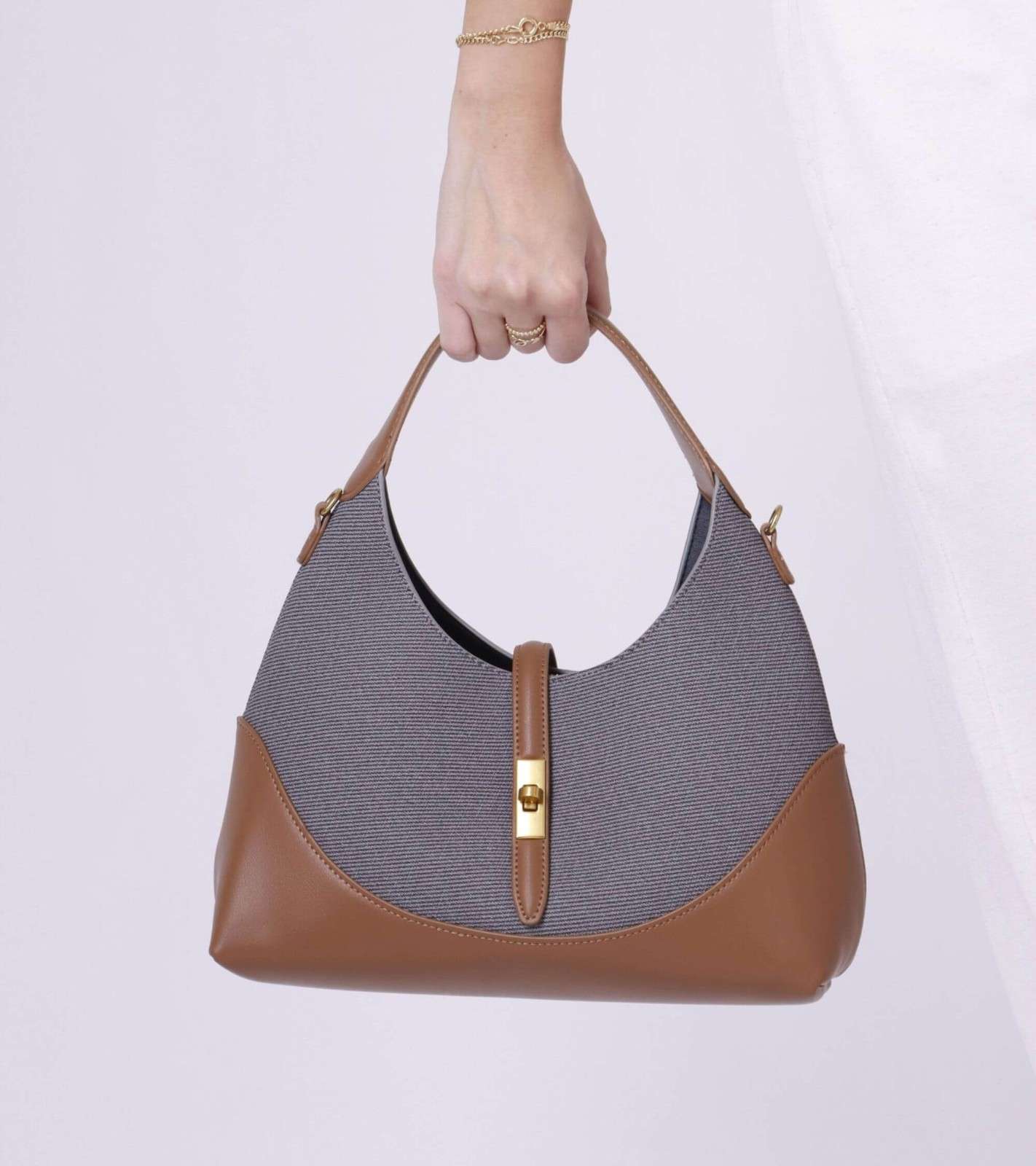 Eternia® Shoulder Bag with Detachable String Strap – Tweed & Vegan Leather Purse - Grey