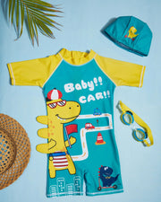 Premsons® Children's One-Piece Swimwear – Half Sleeve & Shorts Length Swimming Costume with Matching Cap - Dinosaur Car Ride - Green & Yellow
