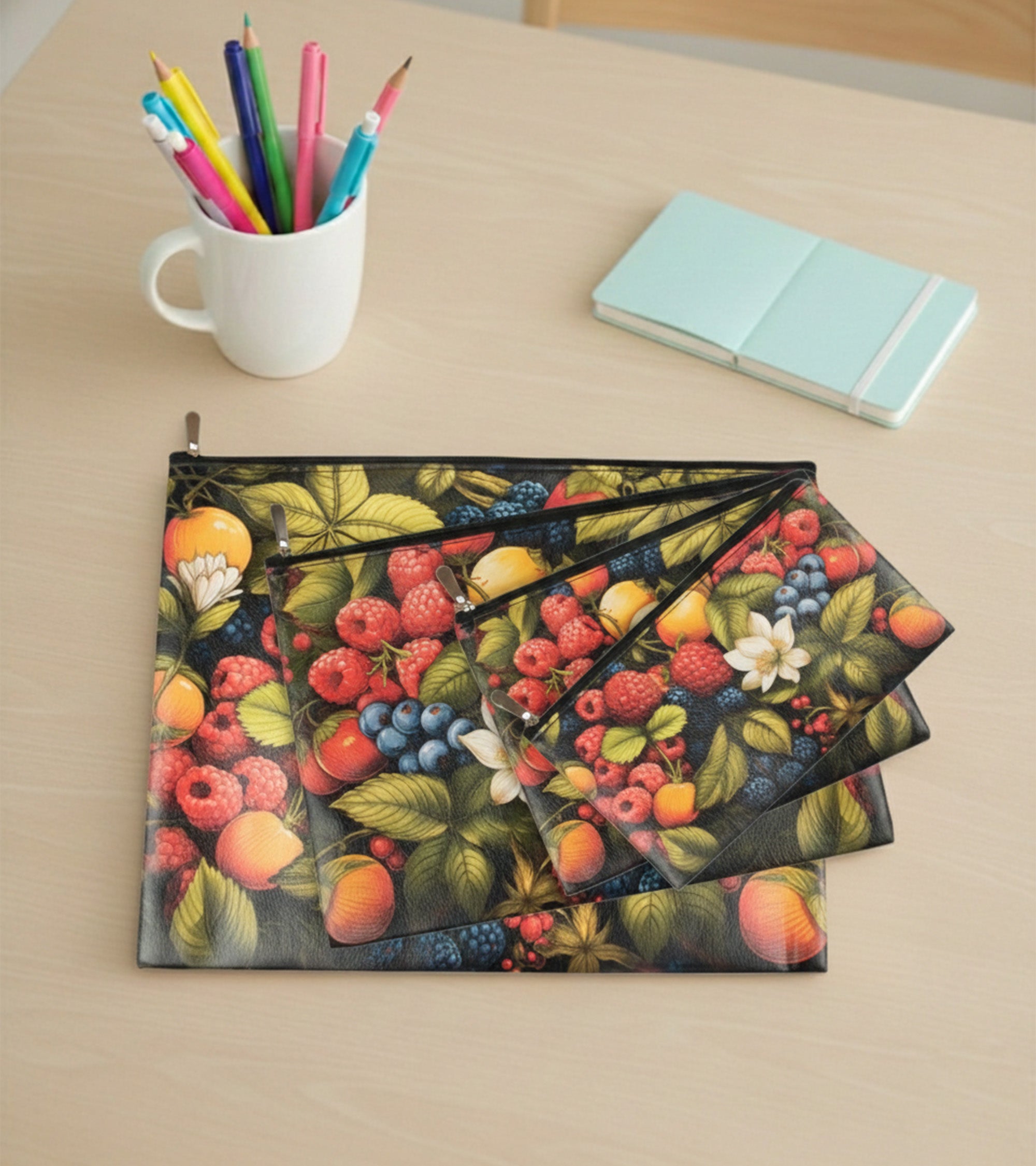 Premsons® Leatherette Pouch with Fruit Print | Vibrant Botanical Fruit Design, Premium Leatherette Finish, Durable & Lightweight