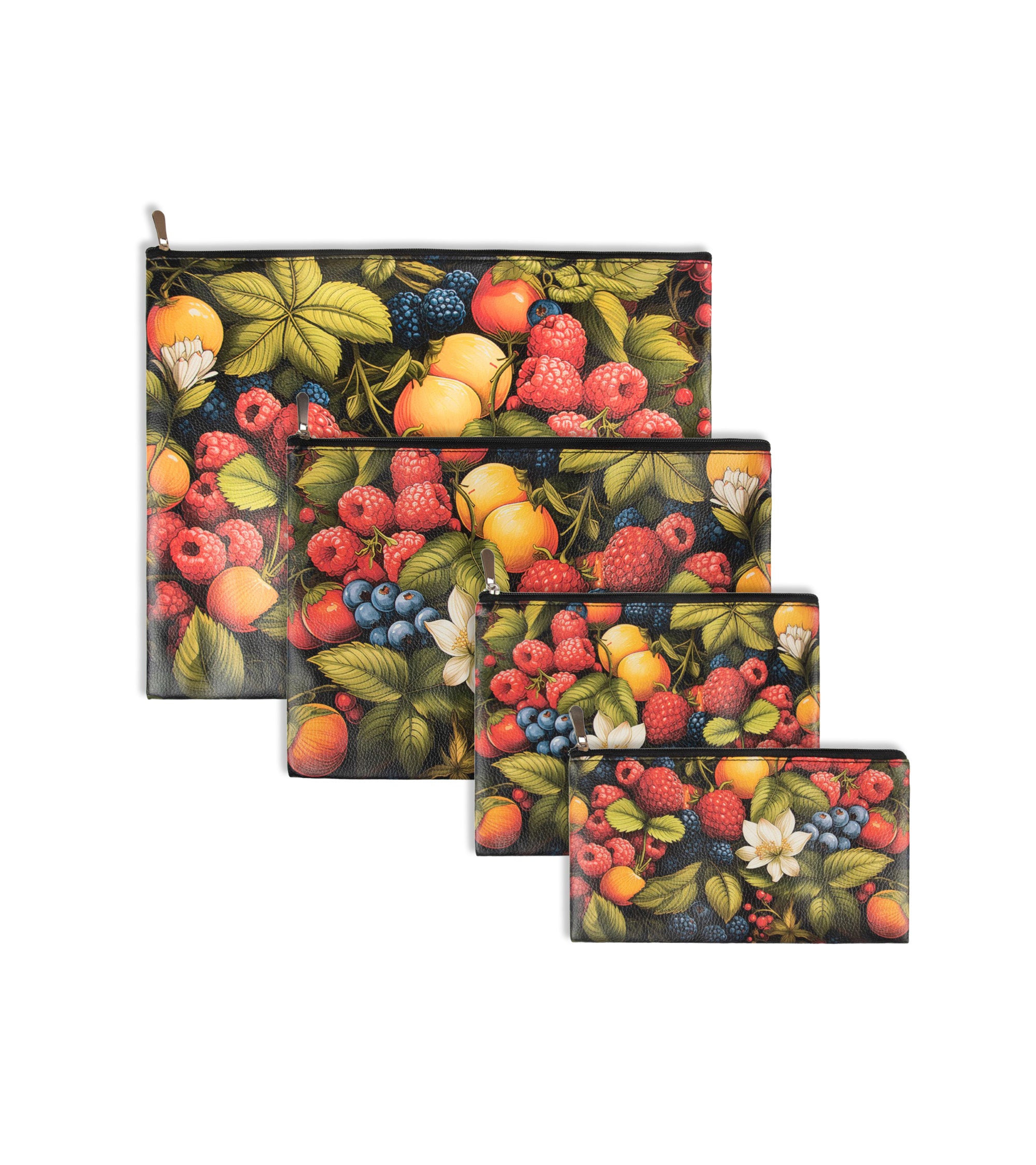 Premsons® Leatherette Fruit Print Pouch Set of 4 (1XL, 1L, 1M, 1S) | Vibrant Botanical Fruit Design, Premium Leatherette Finish, Durable & Lightweight