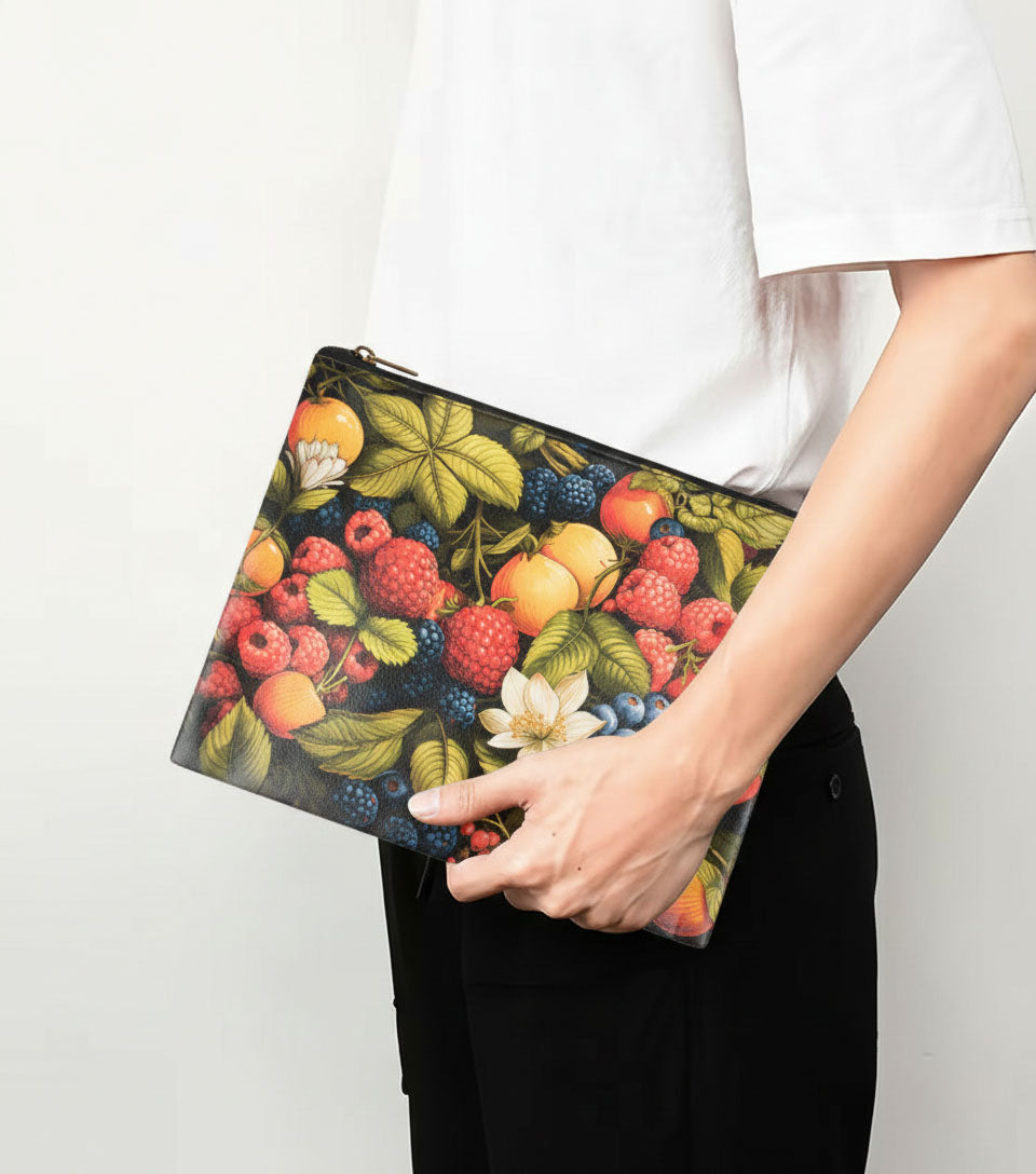 Premsons® Leatherette Pouch with Fruit Print | Vibrant Botanical Fruit Design, Premium Leatherette Finish, Durable & Lightweight