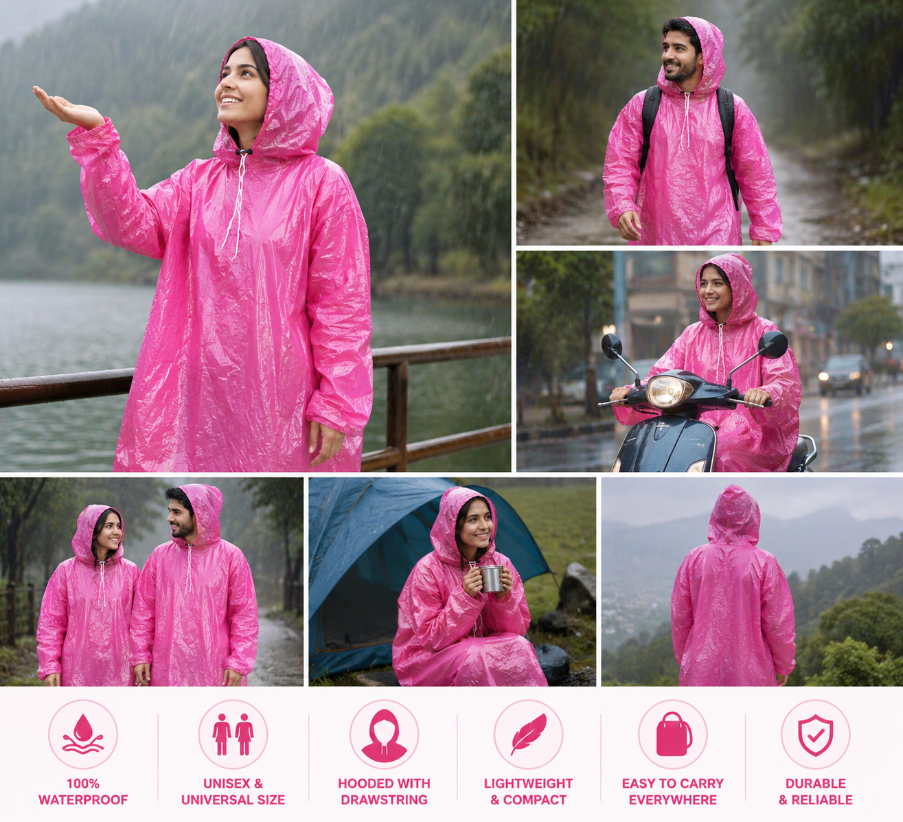 Pink unisex hooded rain poncho with front drawstring, full-length loose sleeves
