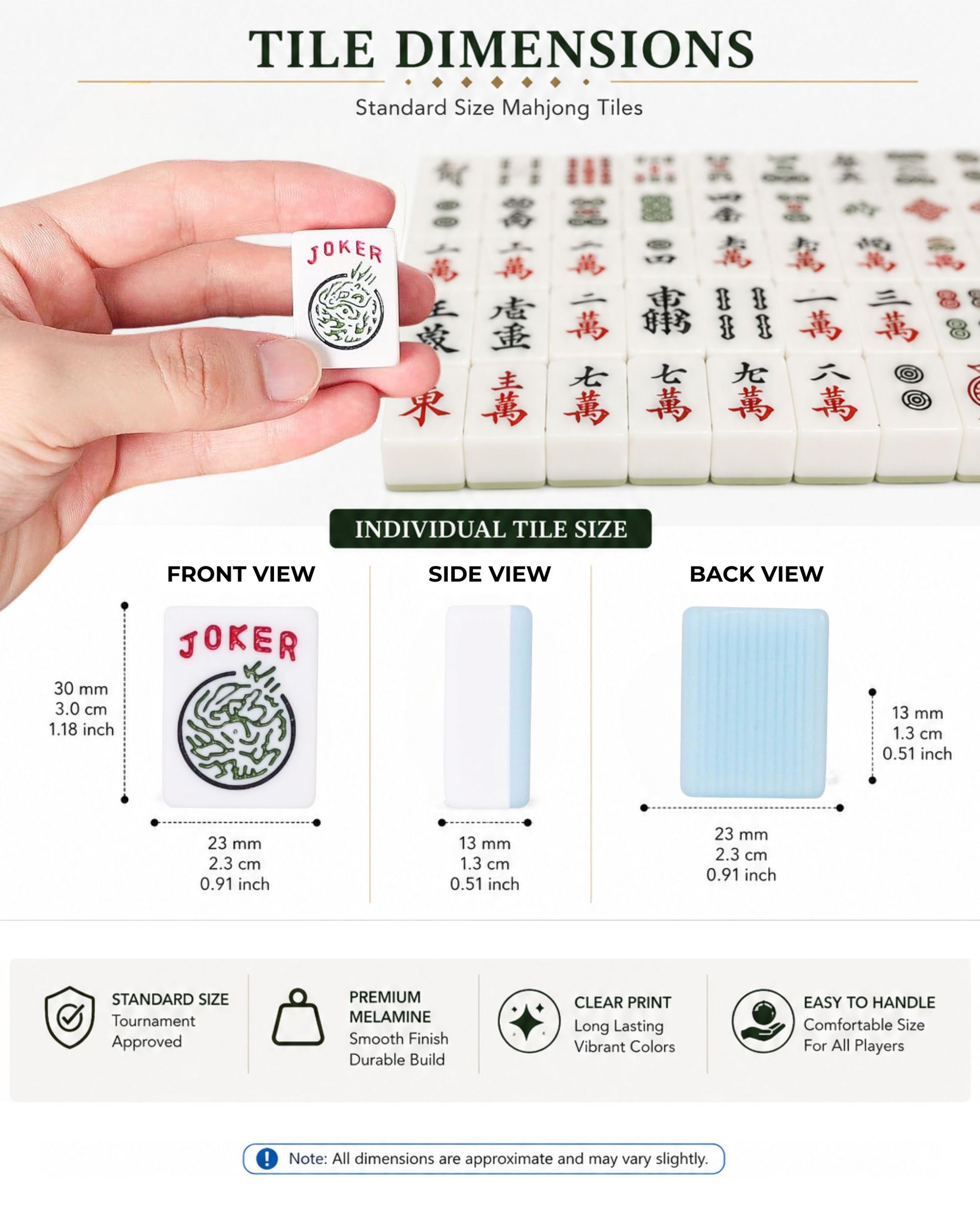 Mahjong tiles with 'JOKER' tile and size detail diagram