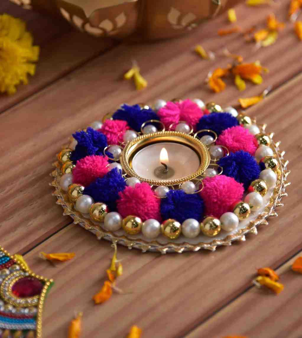 Premsons® Pom-Pom & Pearl Work Diya – Colour Pop Candle Holder for Festive Decor