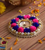 Premsons® Pom-Pom & Pearl Work Diya – Colour Pop Candle Holder for Festive Decor