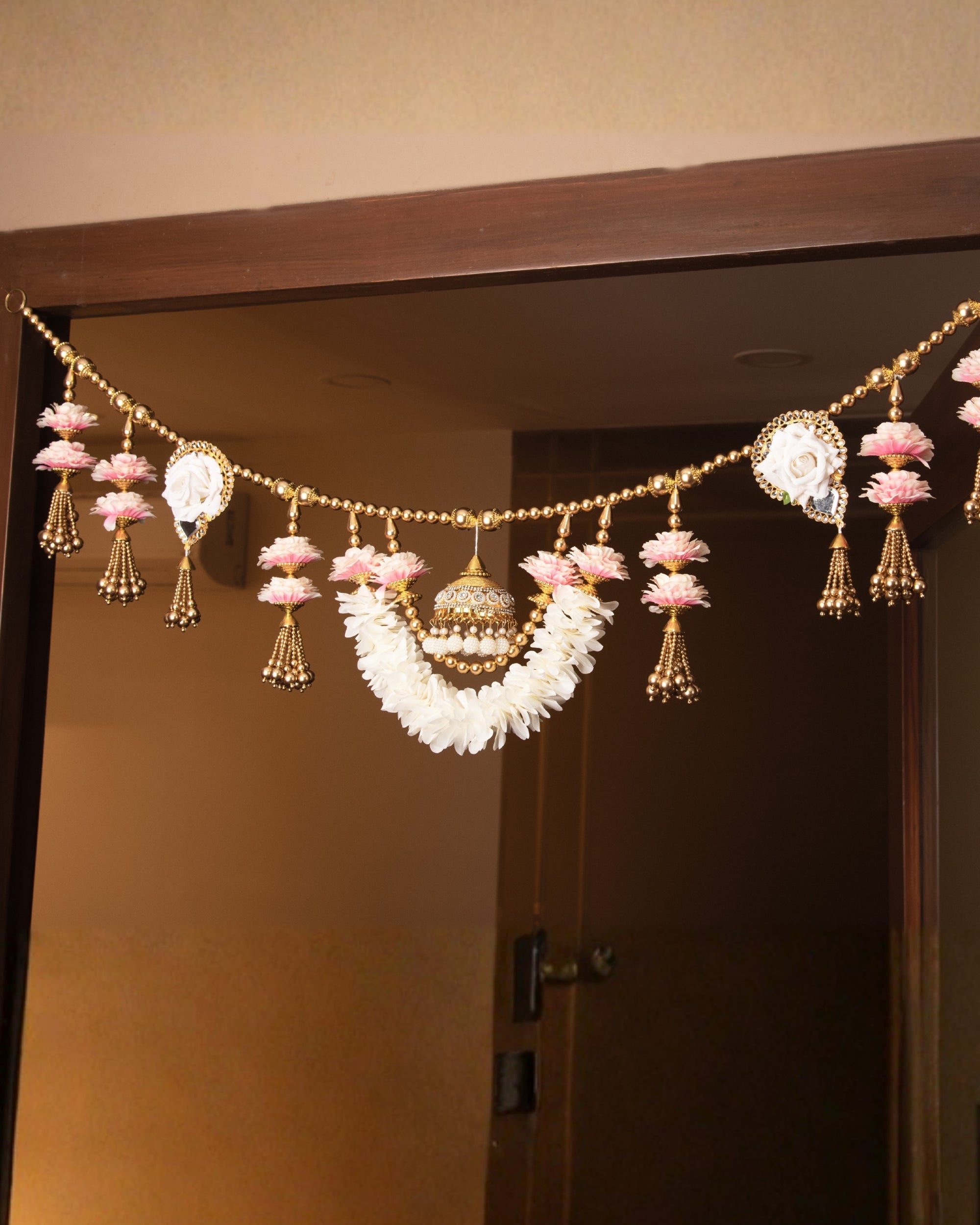 Premsons® Royal White Floral Toran with Pink Effect & Gold Pearls – Elegant Decorative Door Hanging for Diwali, Pooja, Festivals & Home Décor