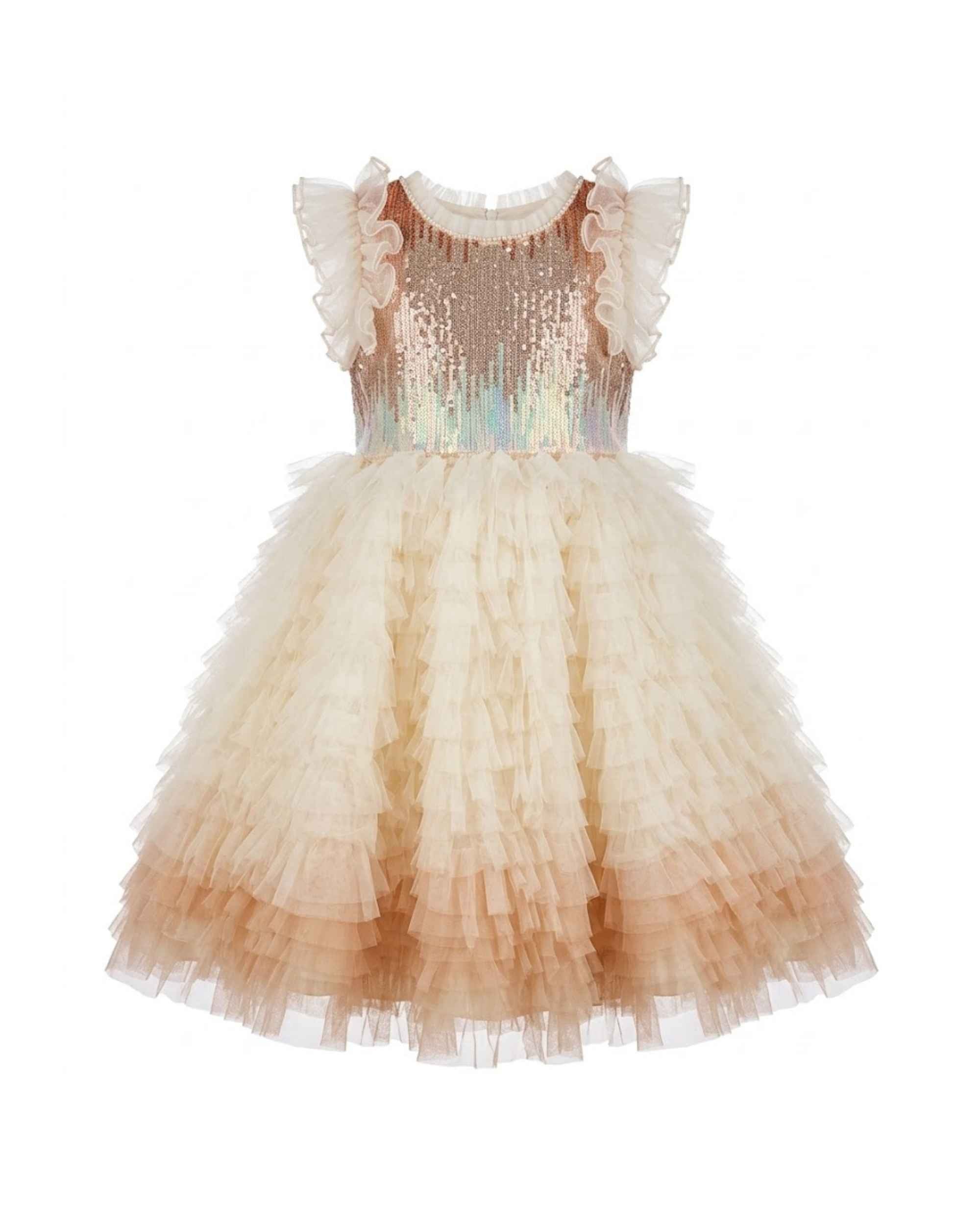 Girls ombre tulle party dress with ruffled sleeves and tiered layered skirt, shimmer bodice