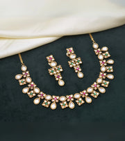 Premsons® Pearl & Kundan Inspired Necklace & Earrings Set – Floral Charm in Gold-Tone