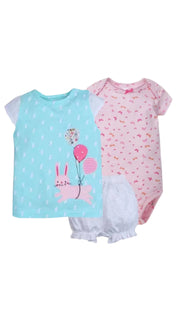 Premsons® Baby Girls' 3-Piece Summer Outfit Set – Bunny Print Aqua Top, Pink Butterfly Bodysuit & Grey Bloomers | Soft Cotton Clothing