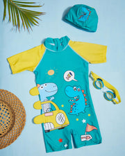 Premsons® Children's One-Piece Swimwear – Half Sleeve & Shorts Length Swimming Costume with Matching Cap - Dinosaur Friends - Green & Yellow
