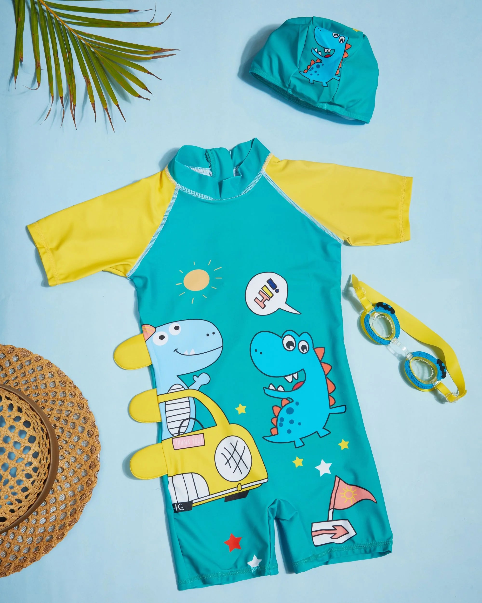Premsons® Children's One-Piece Swimwear – Half Sleeve & Shorts Length Swimming Costume with Matching Cap - Dinosaur Friends - Green & Yellow