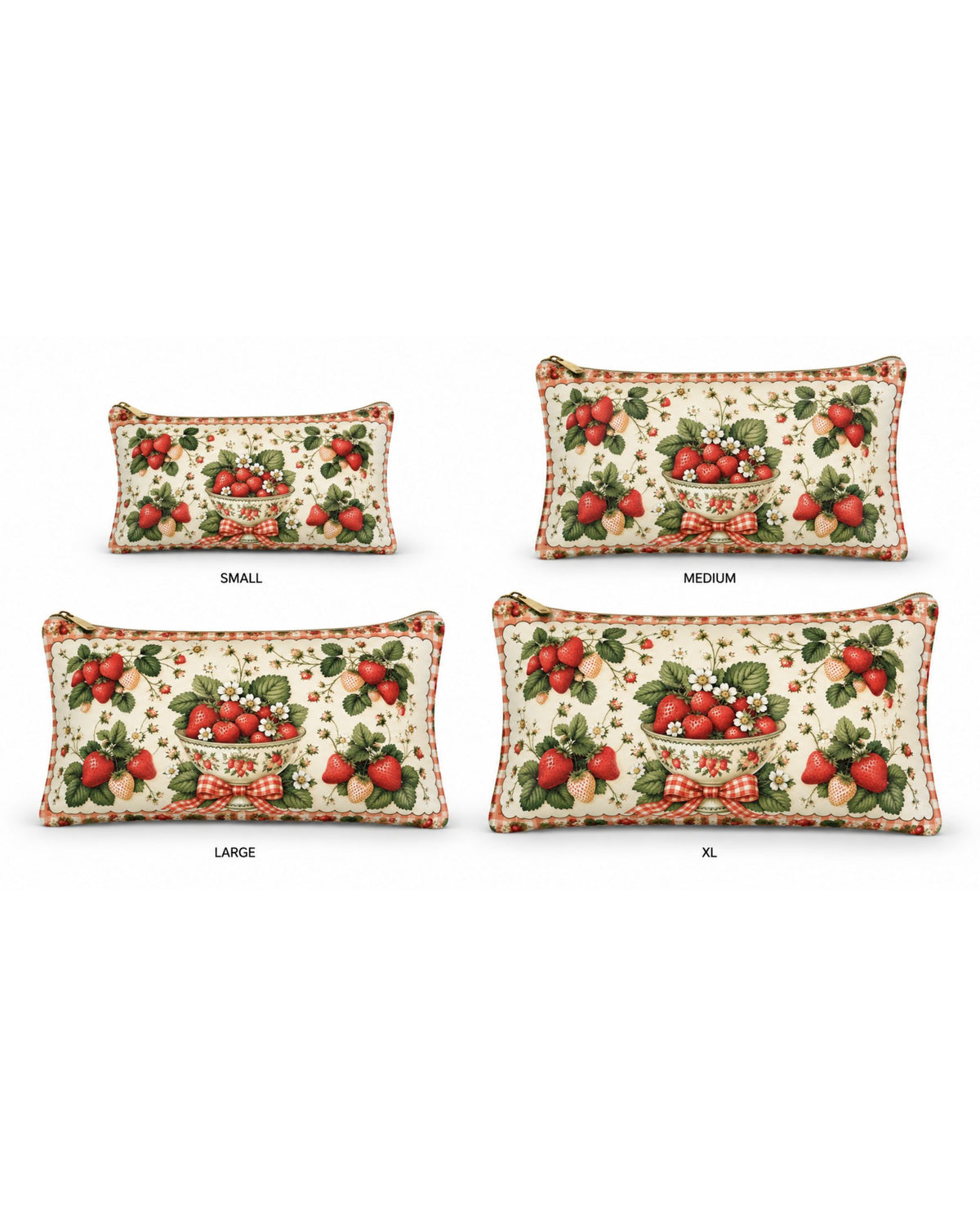 Set of zipper pouches in vegan leather: small, medium, large, XL strawberry print
