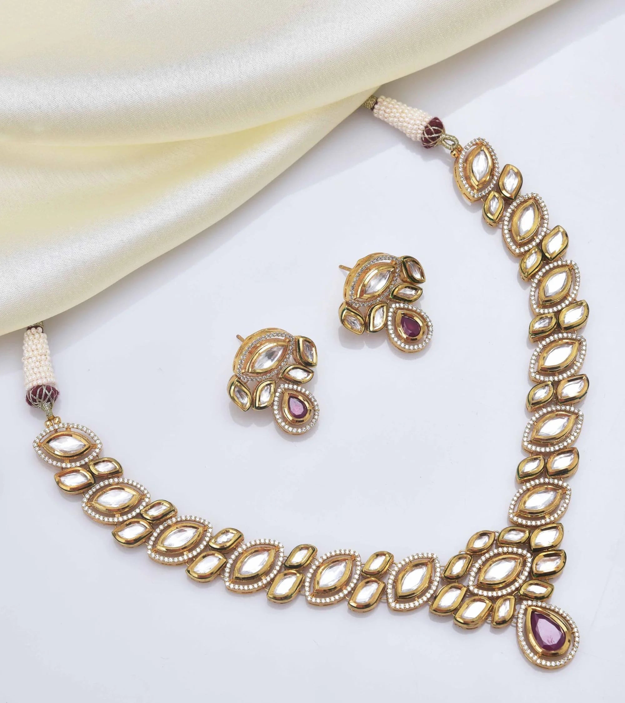 Premsons® Elegant Polki-Inspired Necklace & Earring Statement Set – Minimalist Grace with Marquise Detail