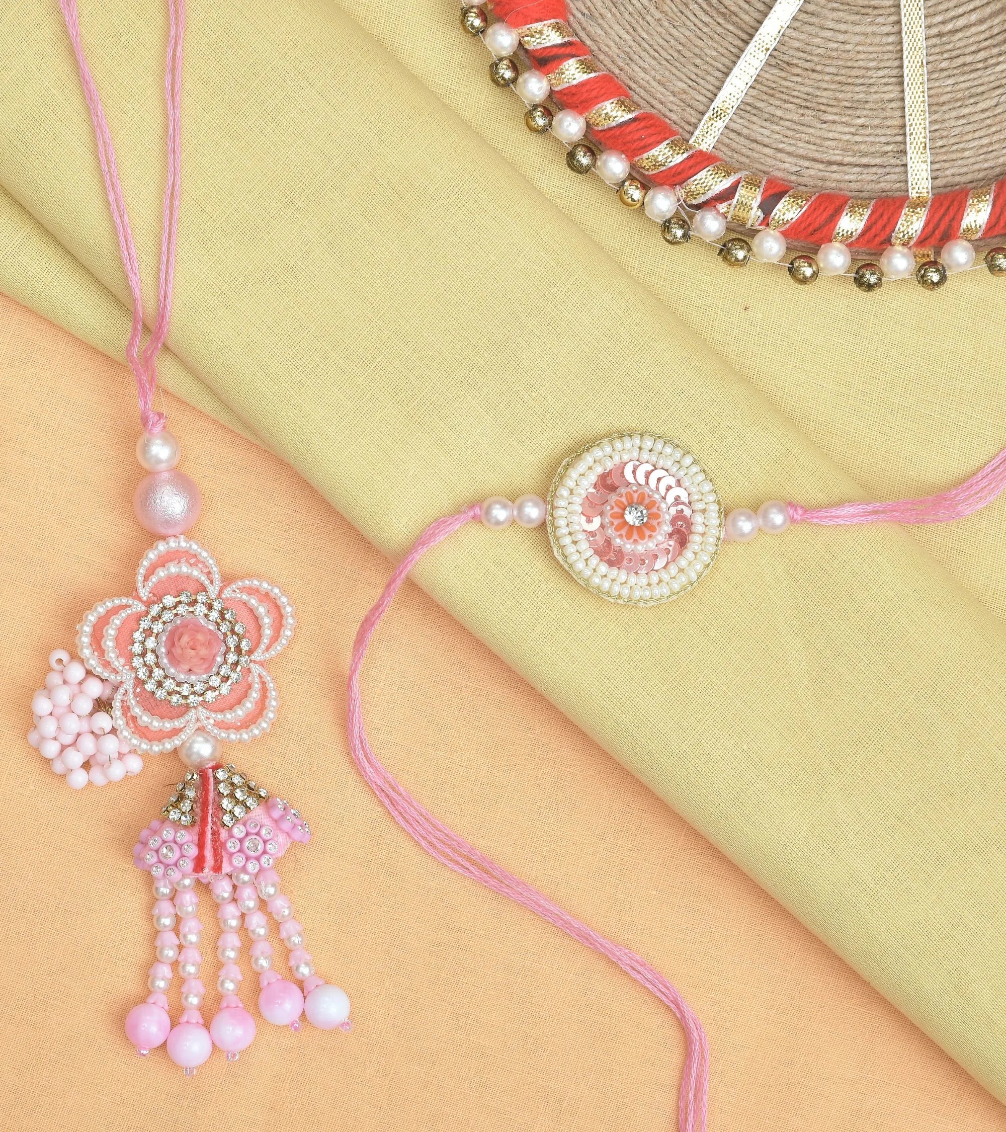 Premsons® Pink Handcrafted Bhaiya Bhabhi Rakhi Set with Beads & Tassels – Raksha Bandhan Gift