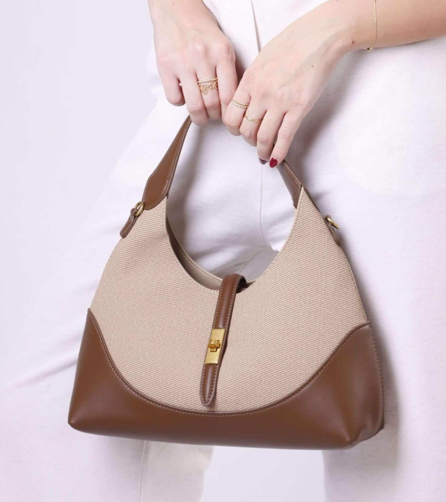 Eternia® Shoulder Bag with Detachable String Strap – Tweed & Vegan Leather Purse - Light French Beige