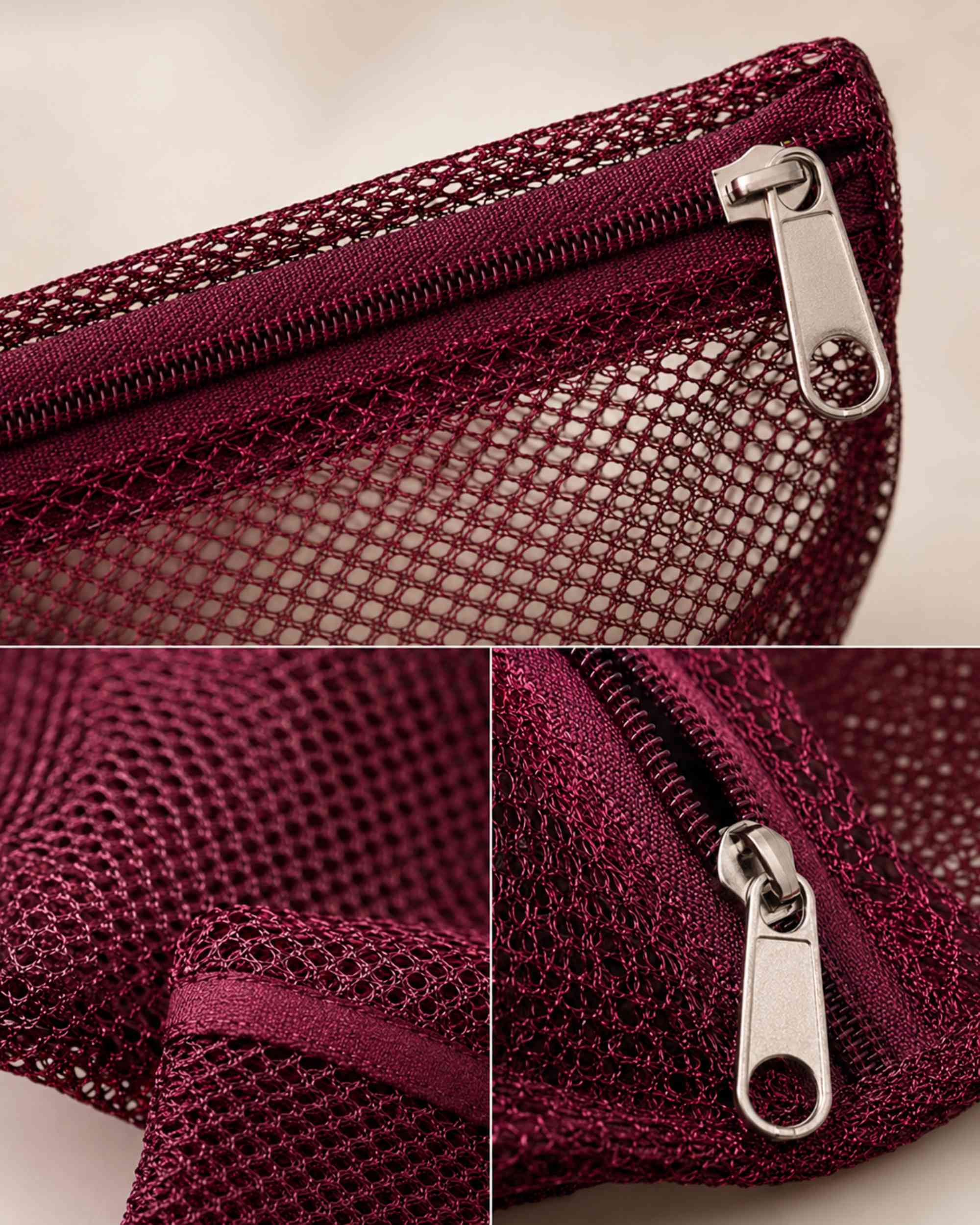 Maroon mesh storage bag with sturdy zipper and metal pull tab