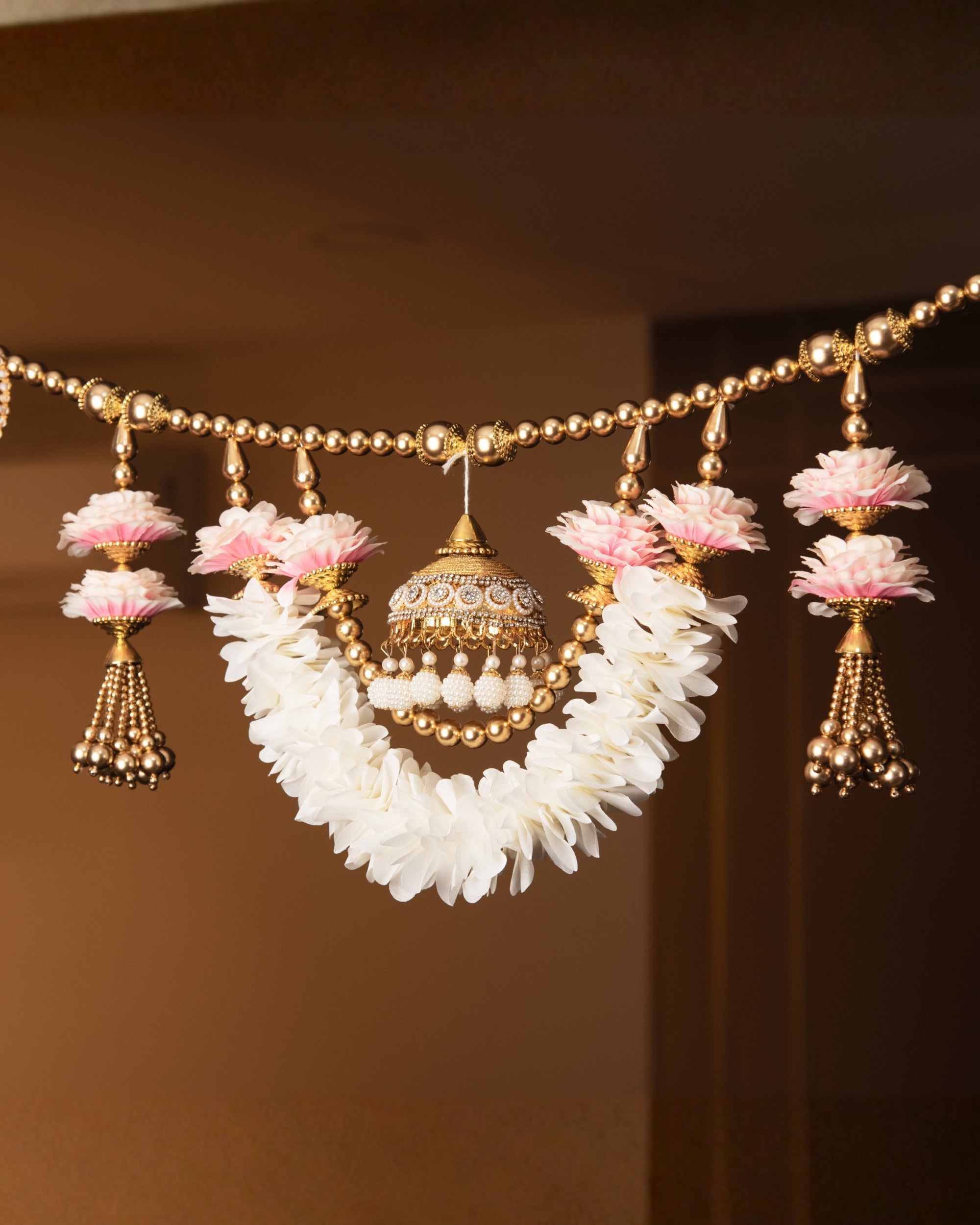 Premsons® Royal White Floral Toran with Pink Effect & Gold Pearls – Elegant Decorative Door Hanging for Diwali, Pooja, Festivals & Home Décor