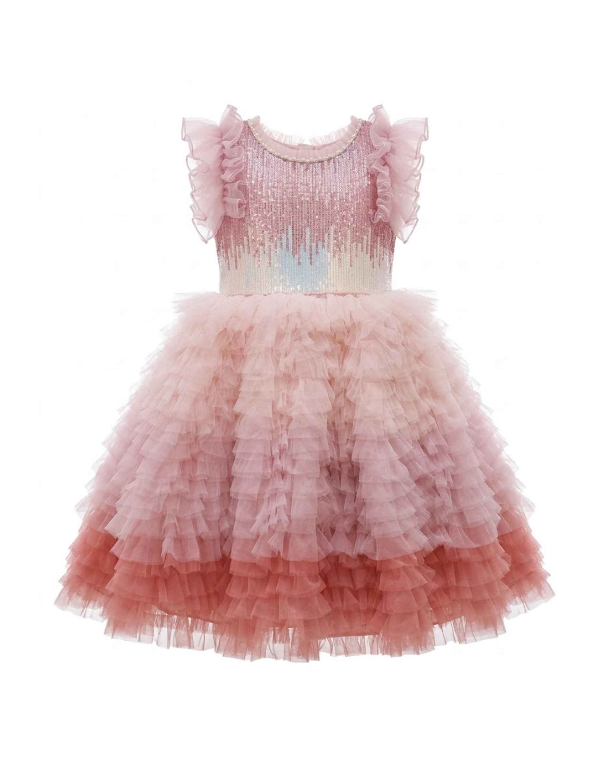 Girls' pink ombre tulle party dress with ruffled sleeves and layered tulle skirt
