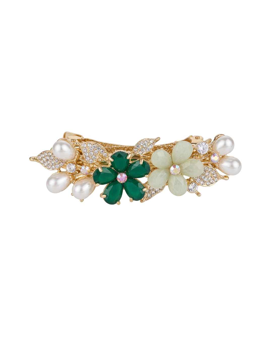 Gold-tone floral hair clip with green crystals, white stones, and pearls