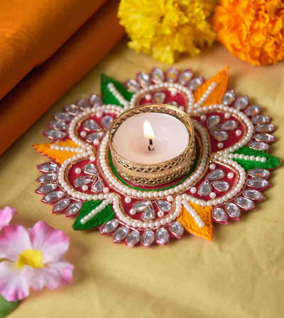Premsons® Glitter Embellished Decorative Diya Plate – Ethnic Candle Holder for Weddings & Events