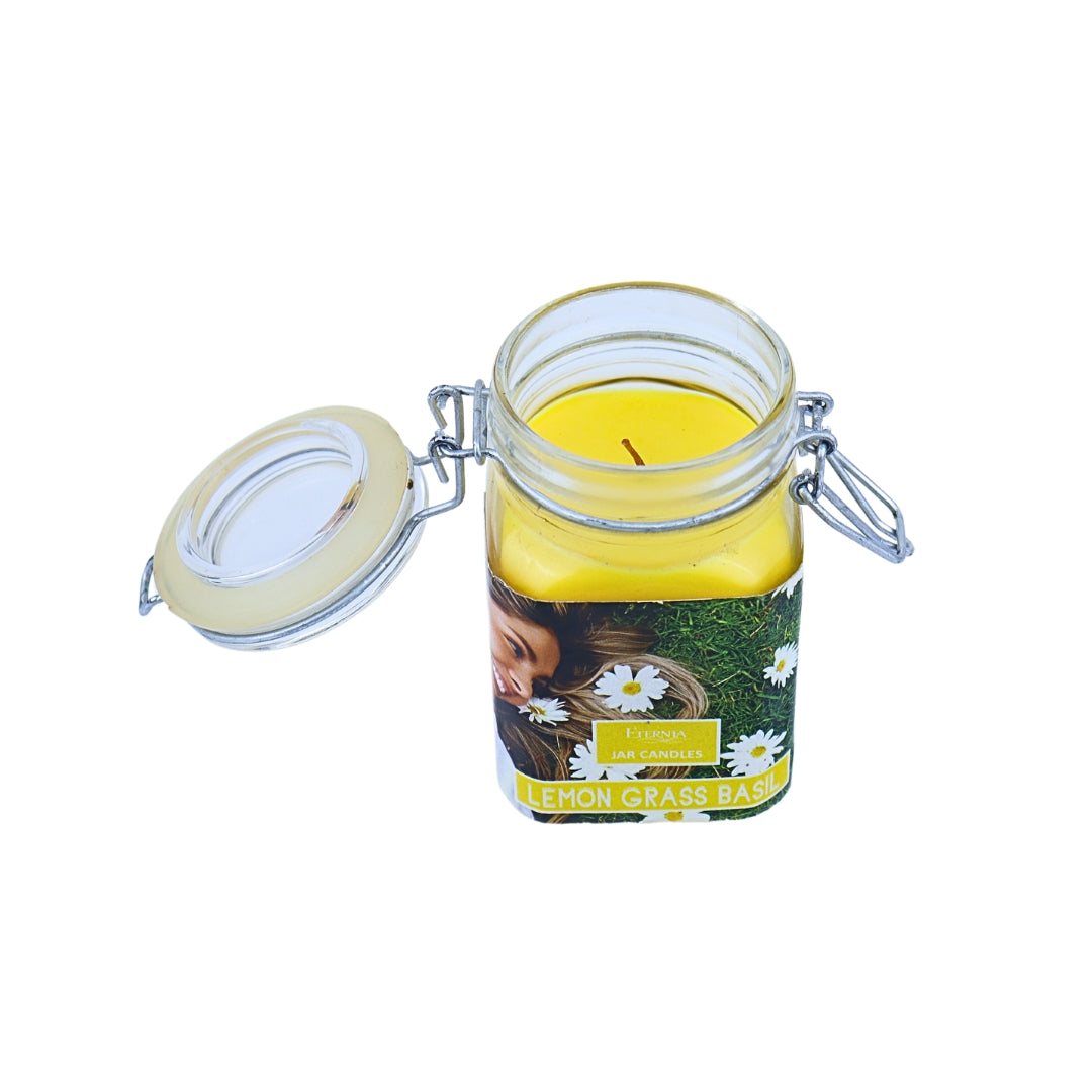Eternia® Lemongrass Basil Scented Candle – Zesty Citrus & Herbal Fragrance for Focus & Freshness – Glass Jar Candle – 30 Hours Burn Time