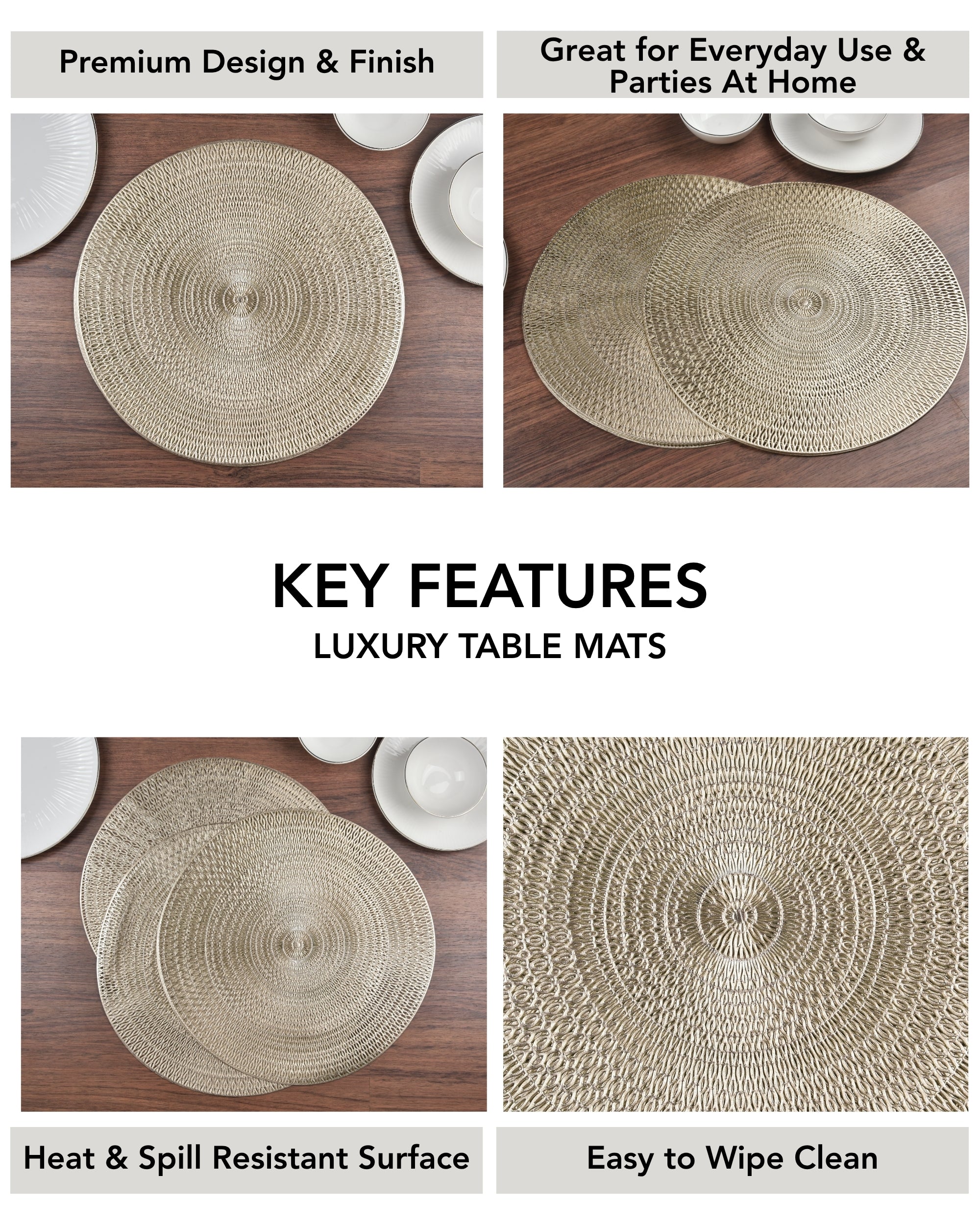 Premsons® Round Table Mat – Textured Loop Metallic Placemat | Washable, Wipeable, Non-Slip & Heat-Resistant | Decorative Table Mat for Dining, Kitchen, Wedding & Party Décor – Champagne Beige