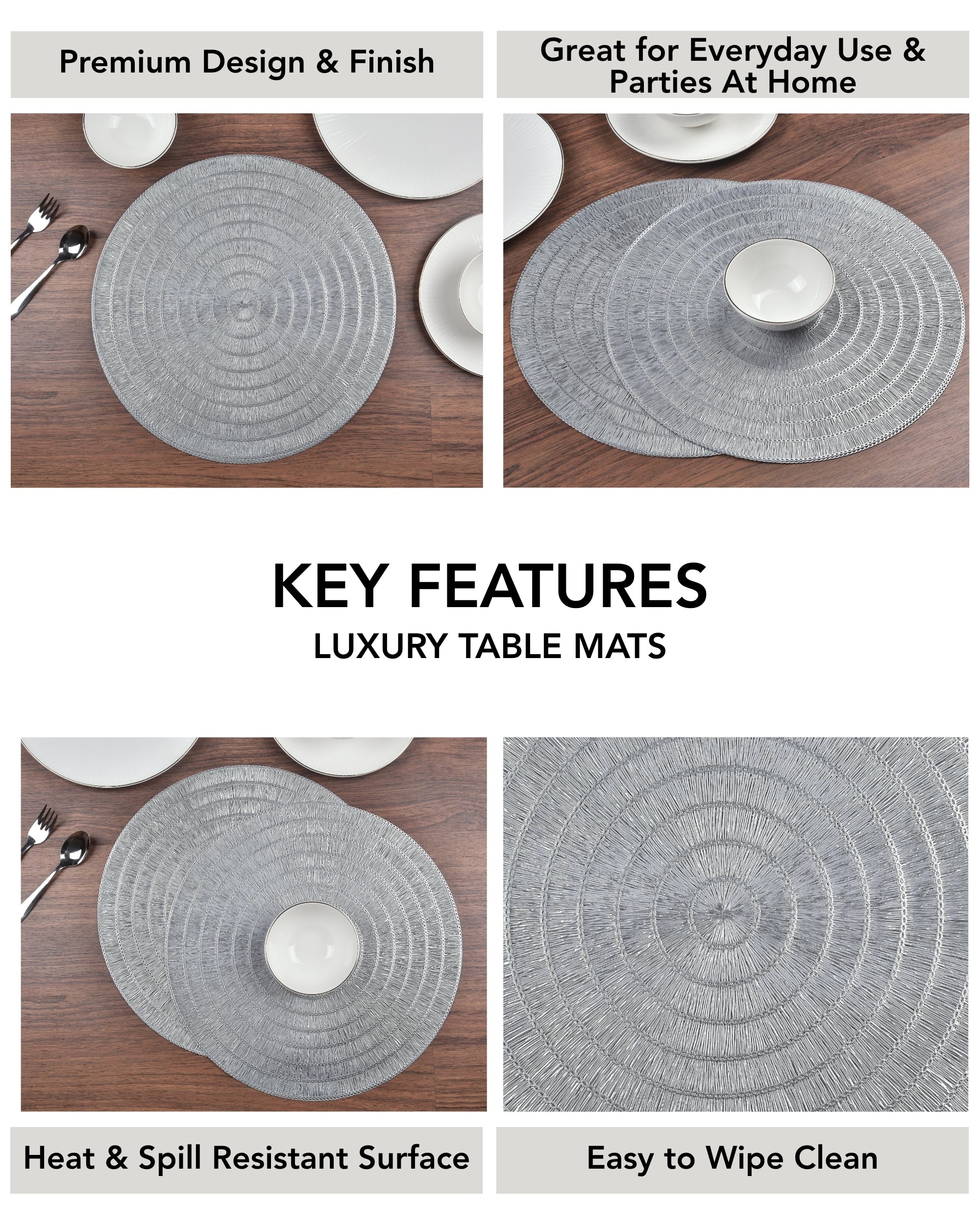 Premsons® Round Table Mat – Textured Loop Metallic Placemat | Washable, Wipeable, Non-Slip & Heat-Resistant | Decorative Table Mat for Dining, Kitchen, Wedding & Party Décor – Silver