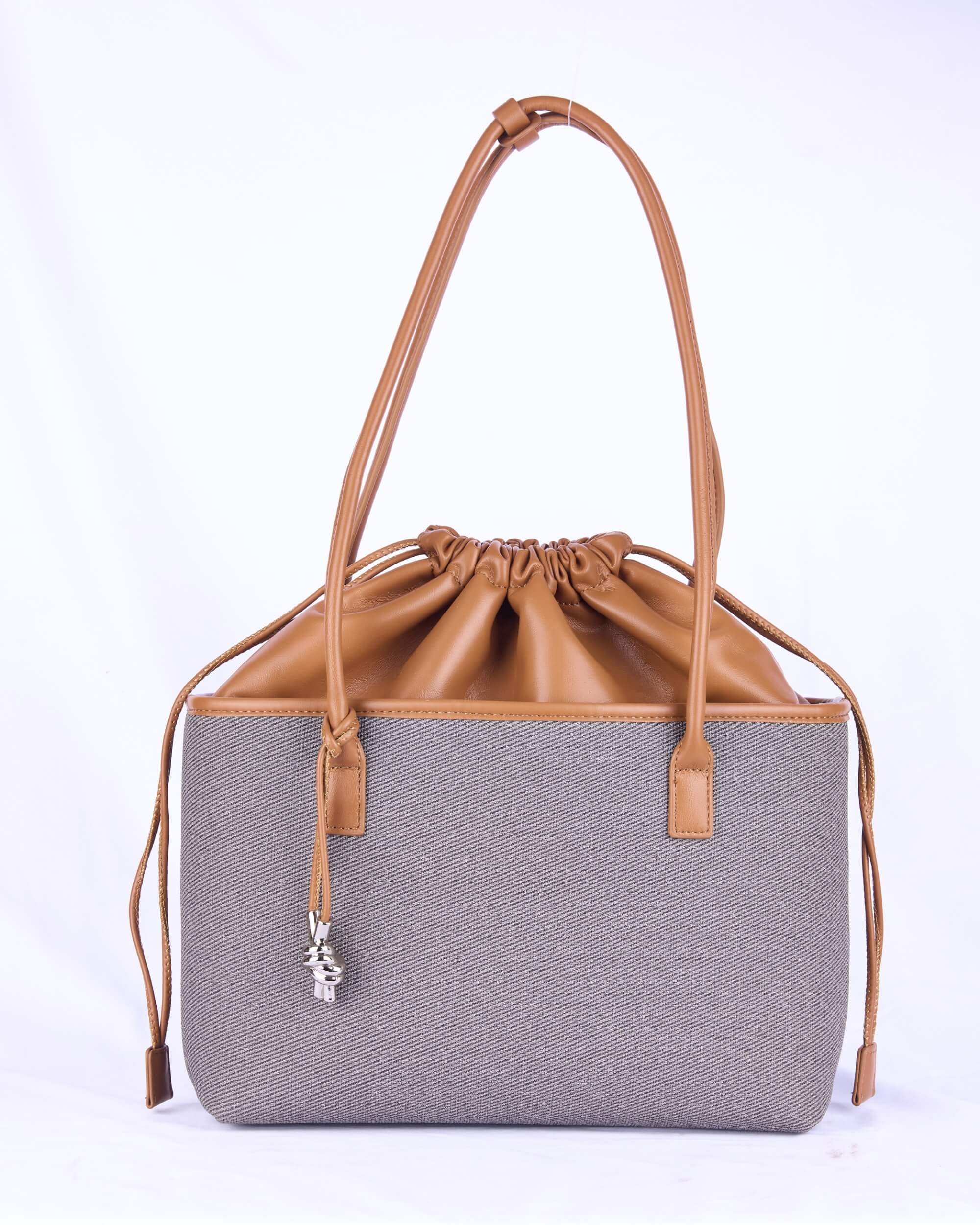 Eternia® Women's Handbag - Canvas and Faux Leather Tote with Drawstring Closure - Stylish and Spacious Everyday Shoulder Bag (Grey & Brown)