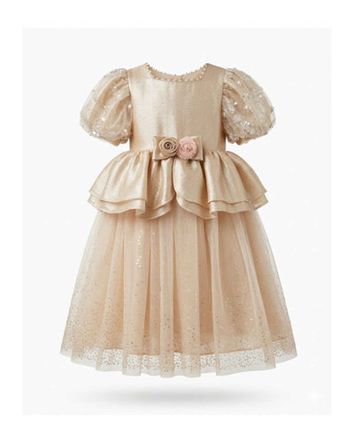 Premsons® Champagne Peplum Party Dress for Girls Elegant Bow Occasion Outfit