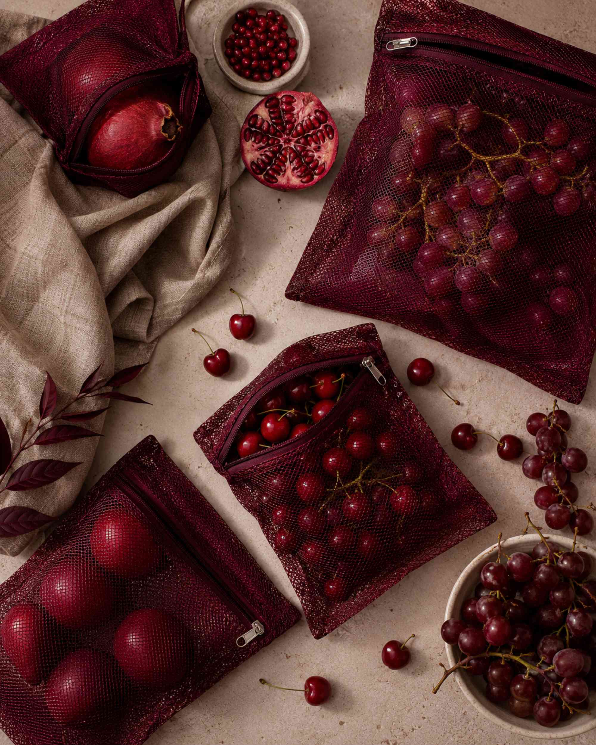 Maroon mesh produce storage bags with metal zippers, filled with red fruit