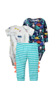 Premsons® Baby Boys' 3-Piece Dinosaur Outfit Set – Soft Cotton Short & Long Sleeve Jungle Animal Bodysuits with Striped Dino-Spike Pants | Cute & Comfy Daily Wear for Infants