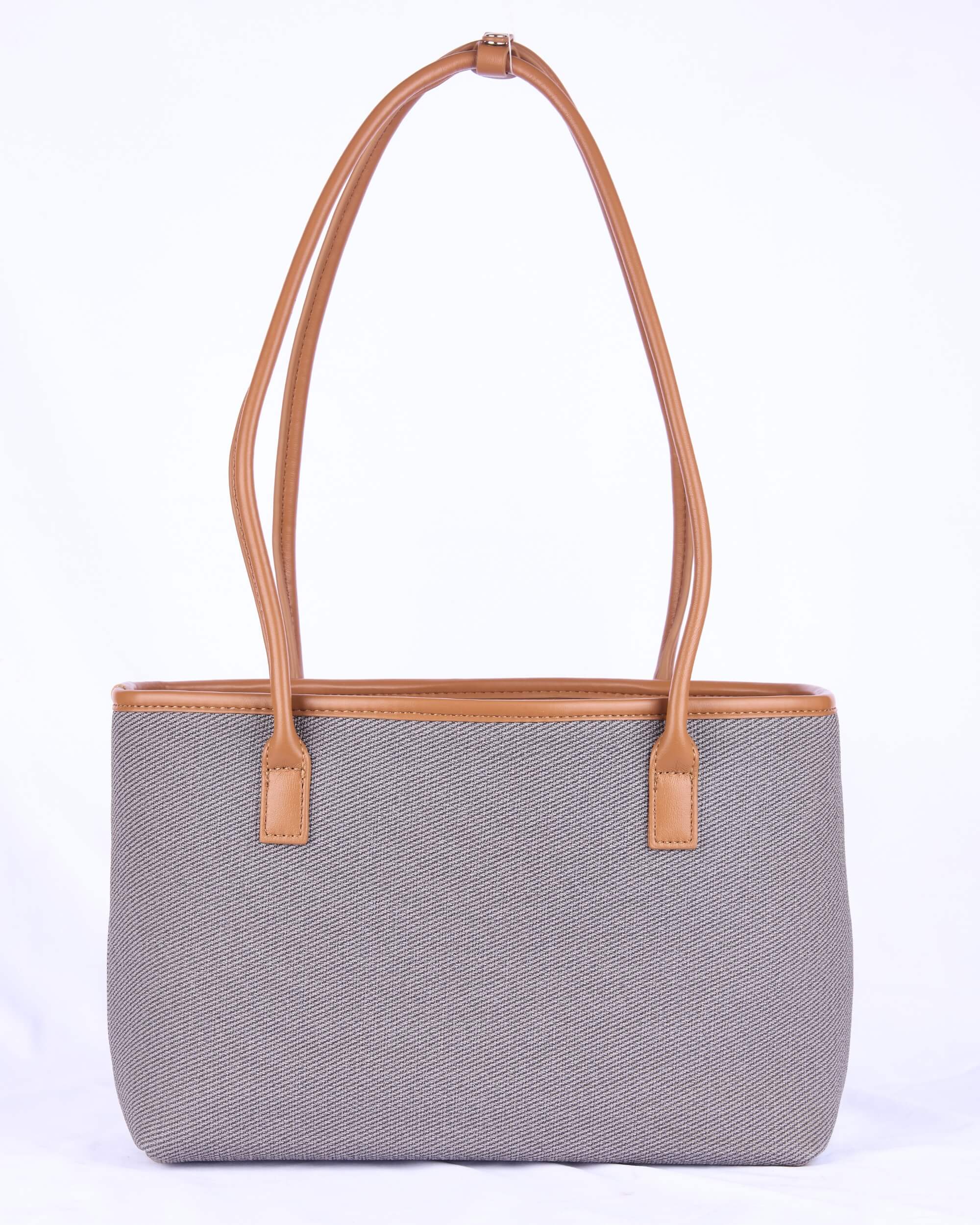 Eternia® Women's Handbag - Canvas and Faux Leather Tote with Drawstring Closure - Stylish and Spacious Everyday Shoulder Bag (Grey & Brown)