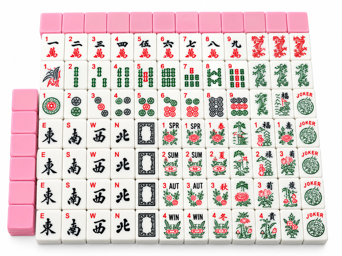 Pink-backed Mahjong tile set with Chinese character, dragon, and flower tiles; includes jokers