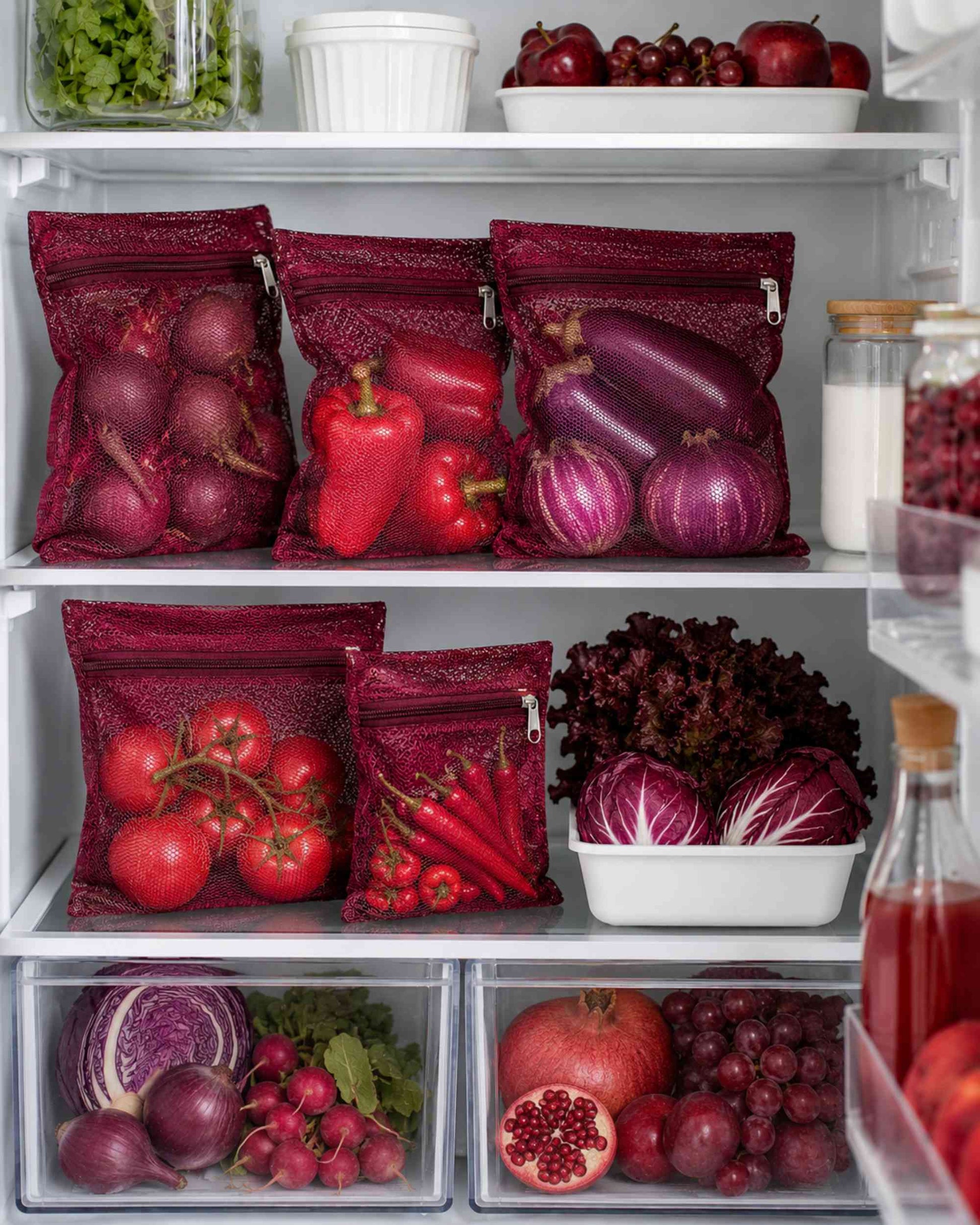 Maroon mesh fridge organizer bags with zip tops, filled with vegetables