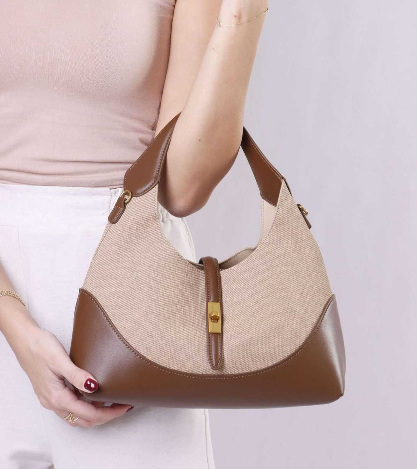 Eternia® Shoulder Bag with Detachable String Strap – Tweed & Vegan Leather Purse - Light French Beige