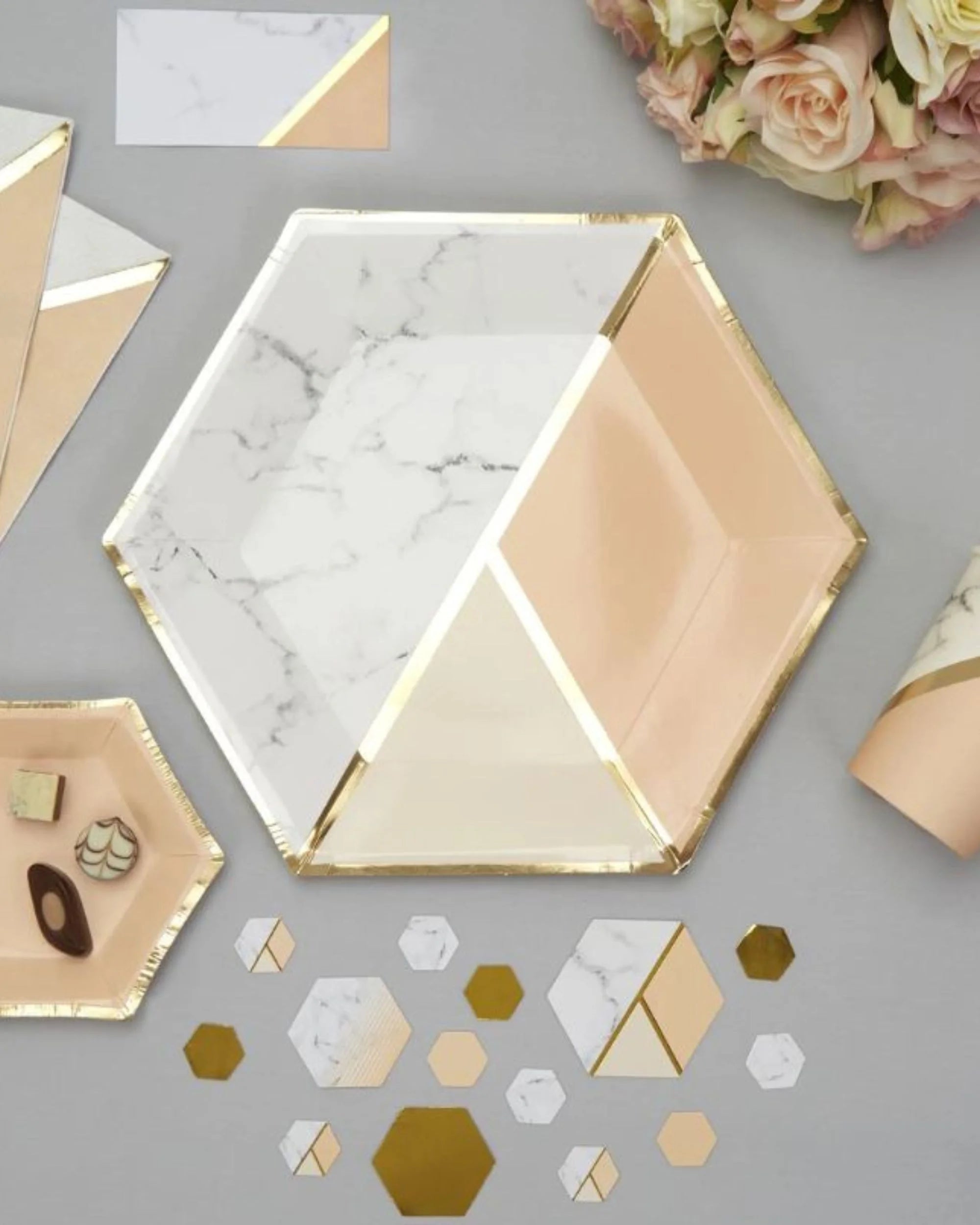 Premsons® 10-Inch Blush Pink Colourblock with Gold Large Paper Plates - Birthday, Wedding, Showers Disposable Decorative Party Plates - Pack of 10