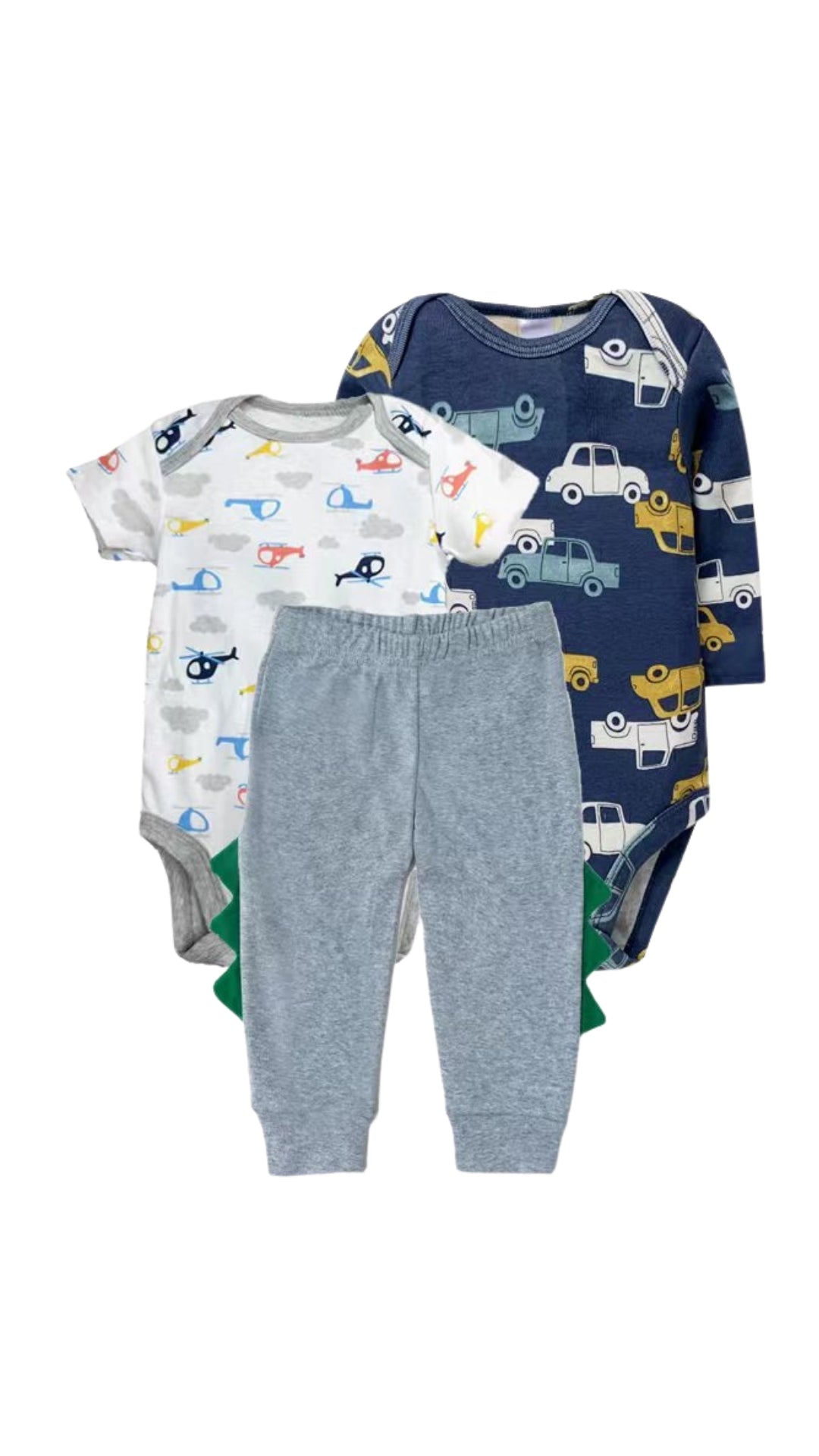 Premsons® Baby Boys' 3-Piece Helicopter & Car Print Outfit Set – Cotton Bodysuits with Grey Dino-Spike Pants | Soft & Playful Daily Wear for Comfortable Adventures