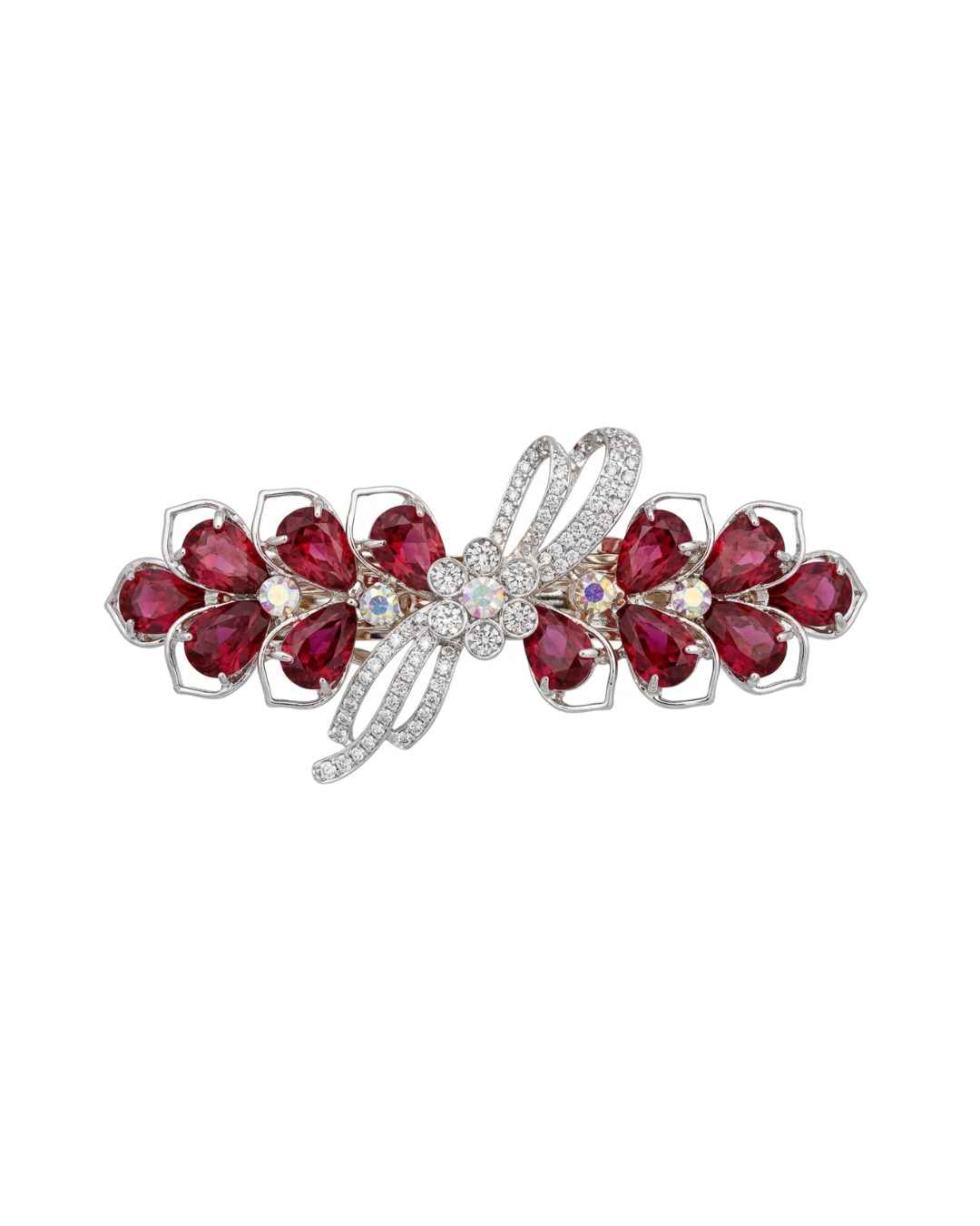 Ruby red floral crystal hair clip with silver-toned setting and faceted center